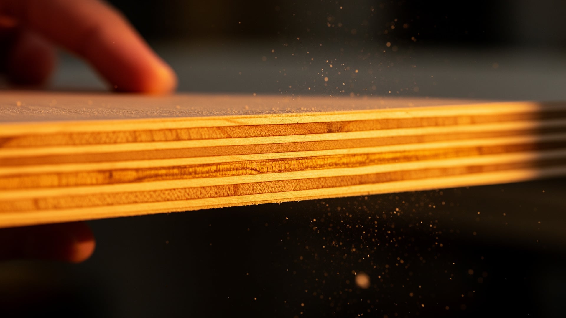 Close-up of Baltic birch plywood edge showing its layered plies as sawdust drifts in warm workshop light.