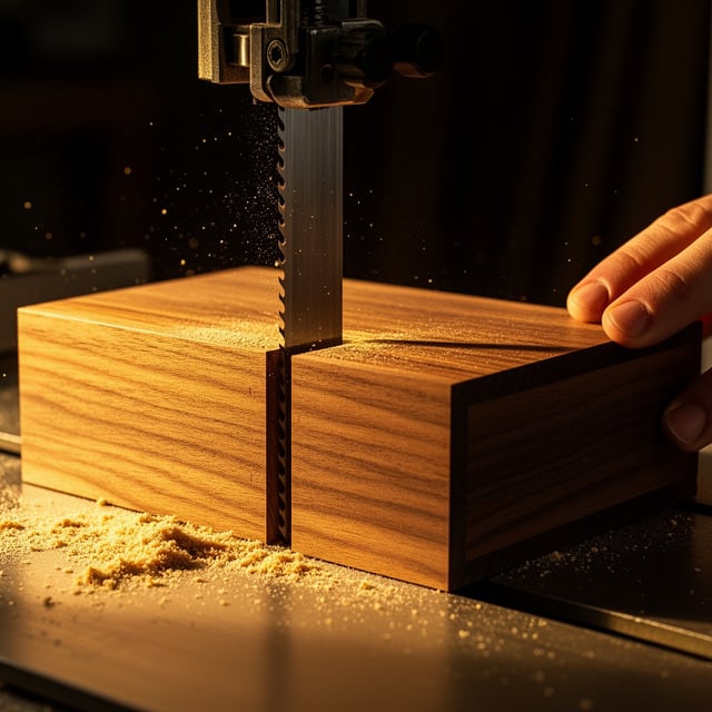 Bandsaw blade cutting a walnut box blank in half as sawdust piles on the table and a hand steadies the wood