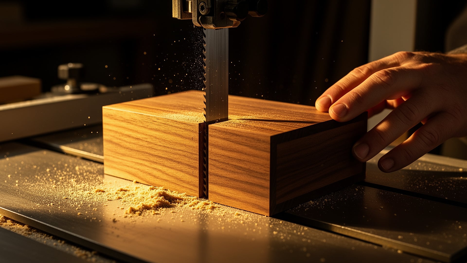 Bandsaw blade cutting a walnut box blank in half as sawdust piles on the table and a hand steadies the wood