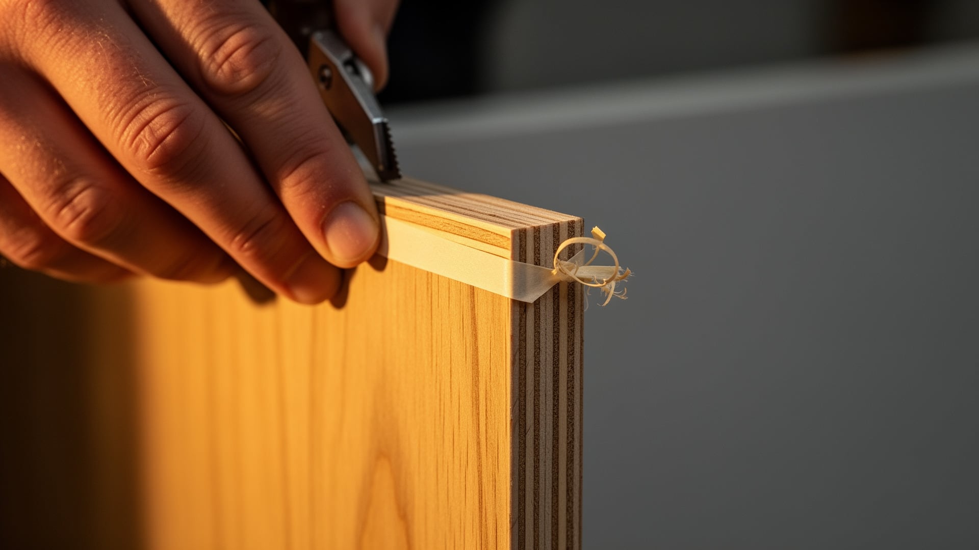Hand trimming iron-on edge banding flush on a plywood bathroom vanity panel with end nippers, a shaving curling off