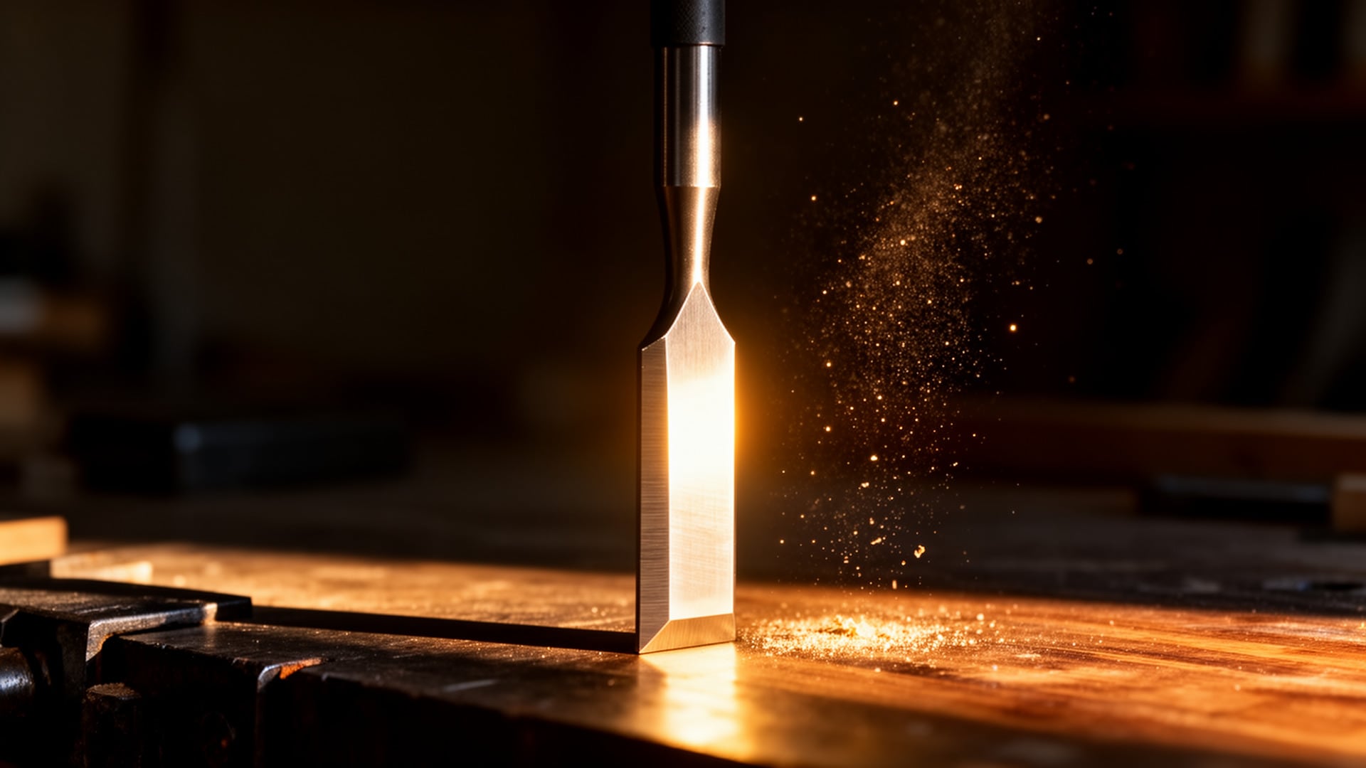 Bench chisel blade standing on a workbench, sawdust scattering in warm light
