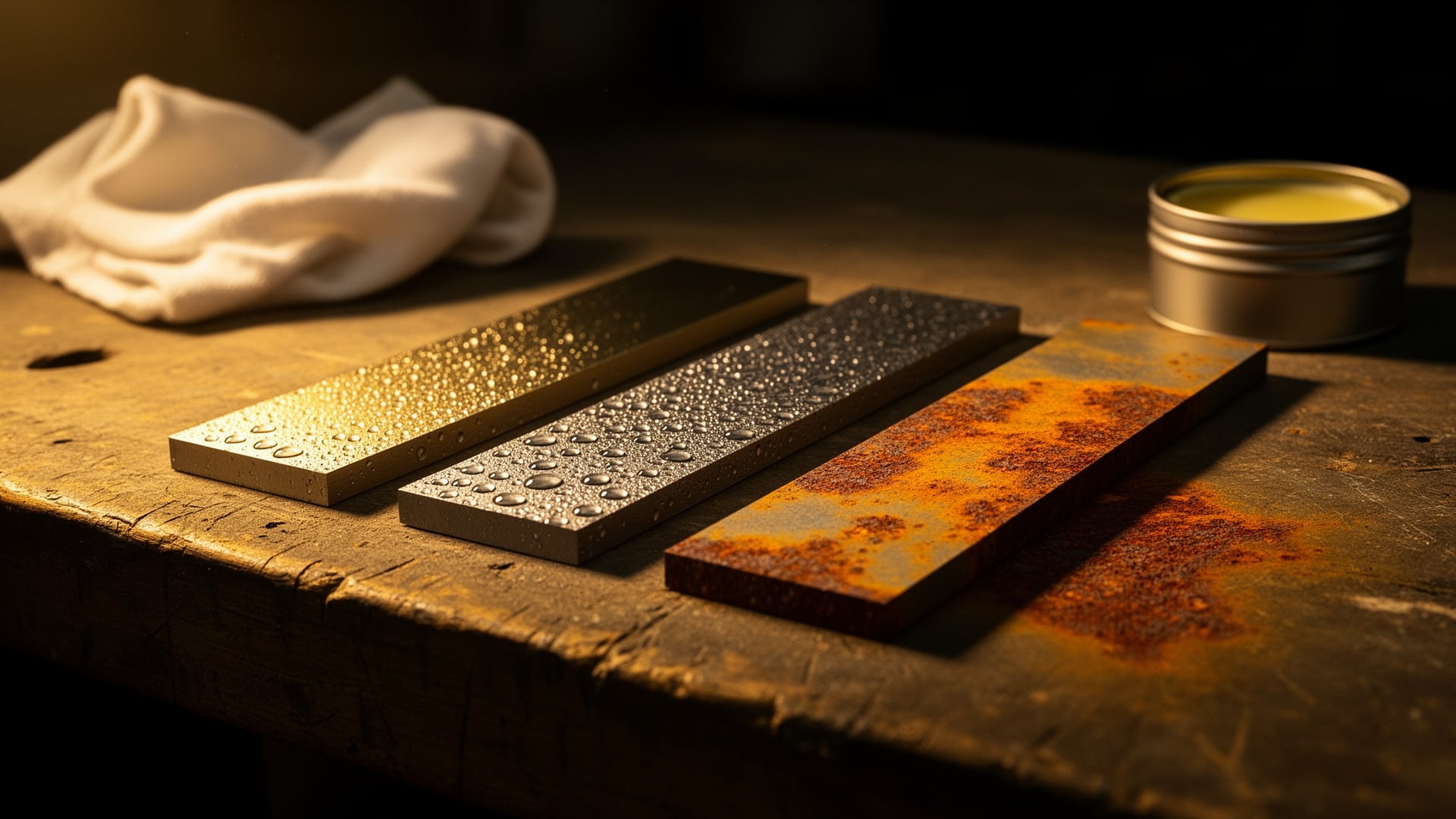 Three steel test bars on a workbench: one beaded and protected, one damp, one heavily rusted, with paste wax tin nearby.