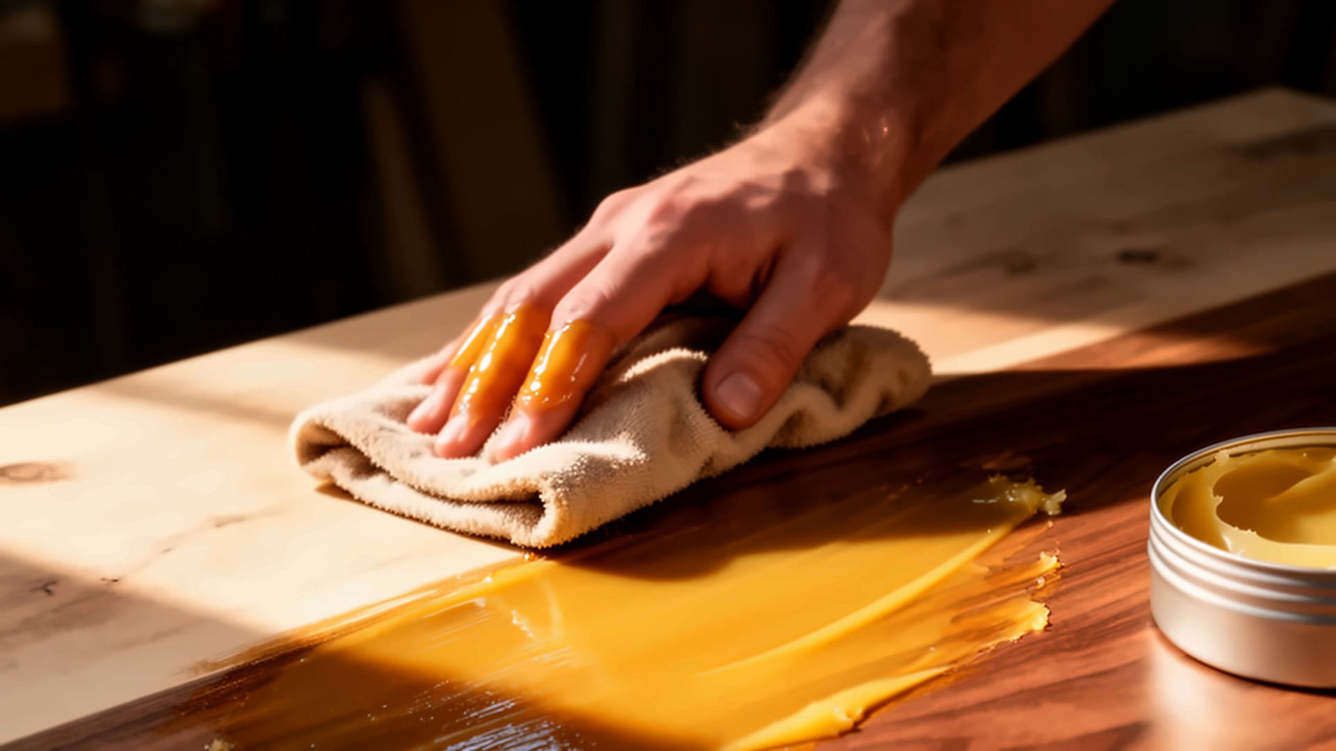 Hand rubbing beeswax citrus finish into a walnut tabletop with a cloth, tin of wax nearby.