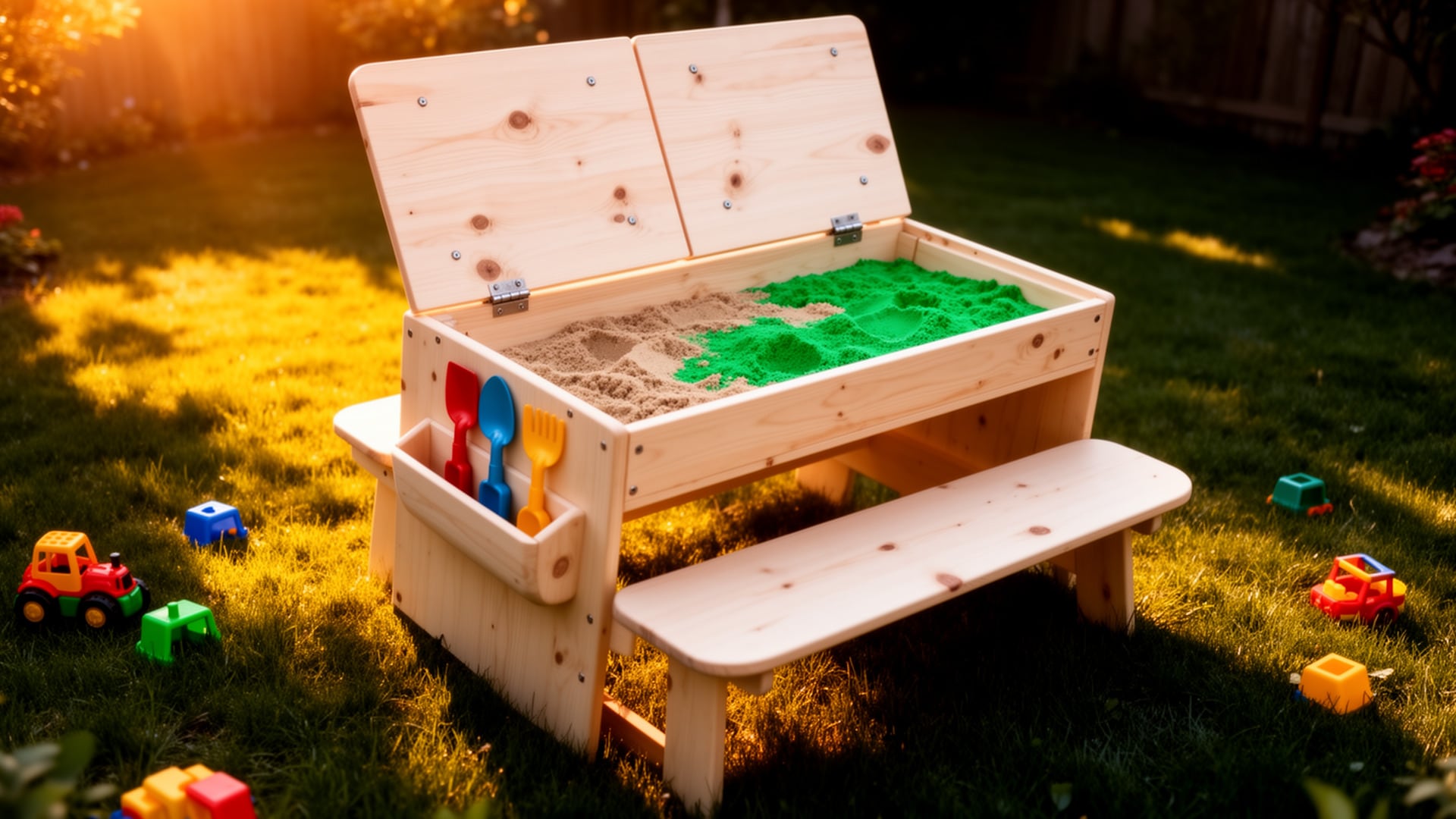 DIY kids sandbox bench with hinged pine lids, toy shovels in side pocket, and green sand, set on a sunny backyard lawn.