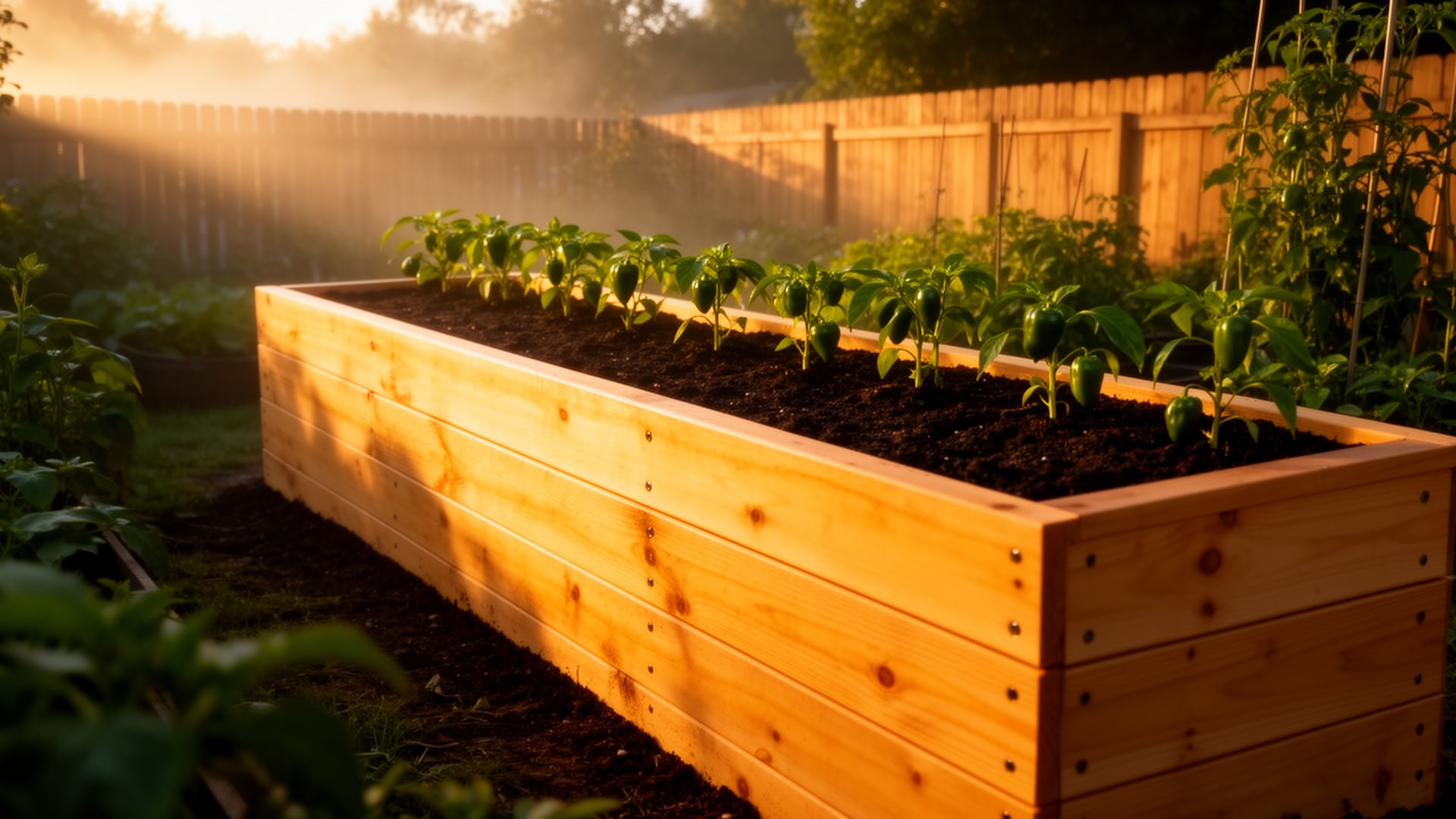 Newly built cedar raised garden bed with pepper plants in a fenced backyard at sunrise, from the raised bed build project.