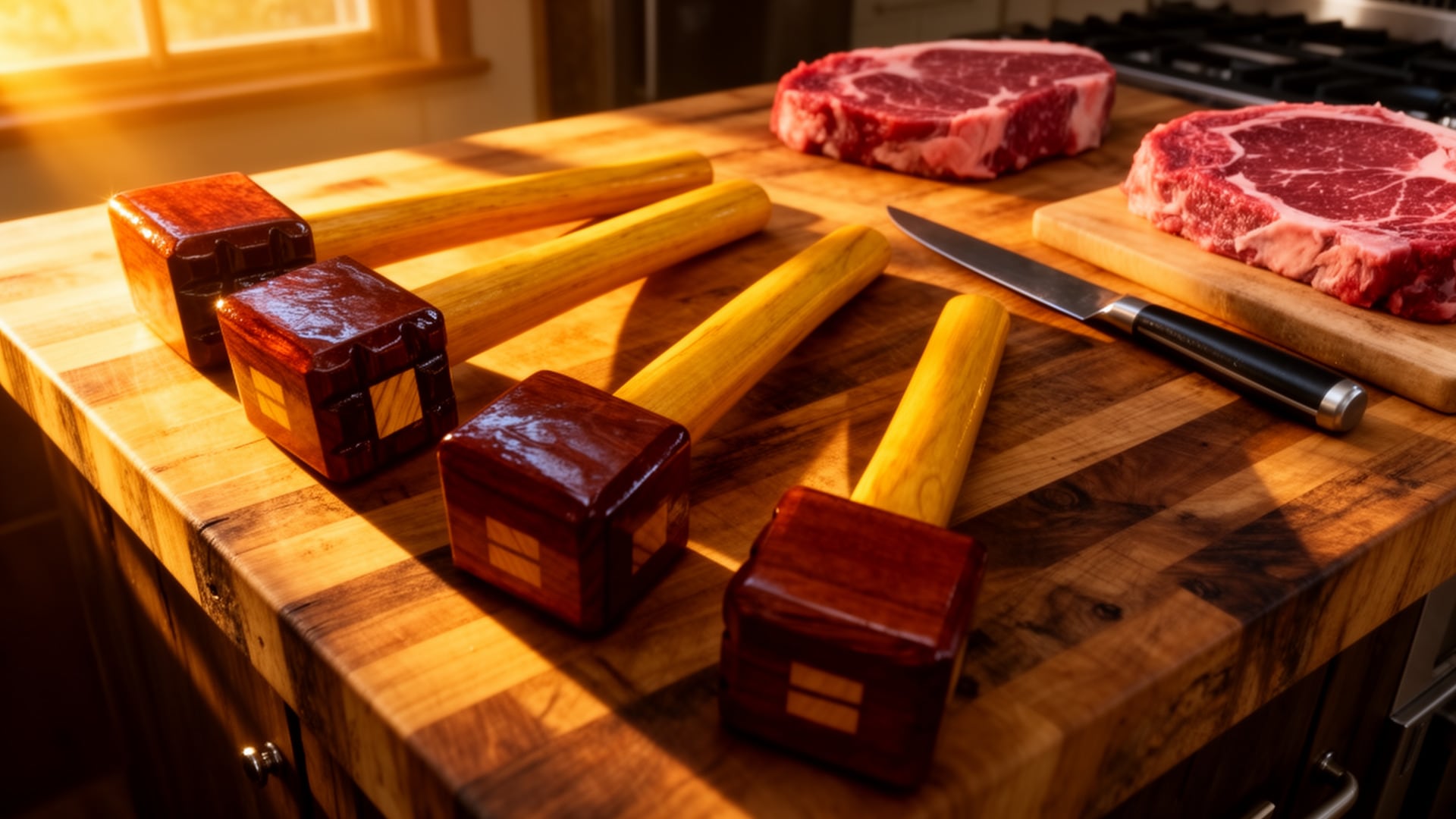 Handmade wooden meat tenderizing mallets with dark stained heads and light handles on a butcher block counter, raw steak