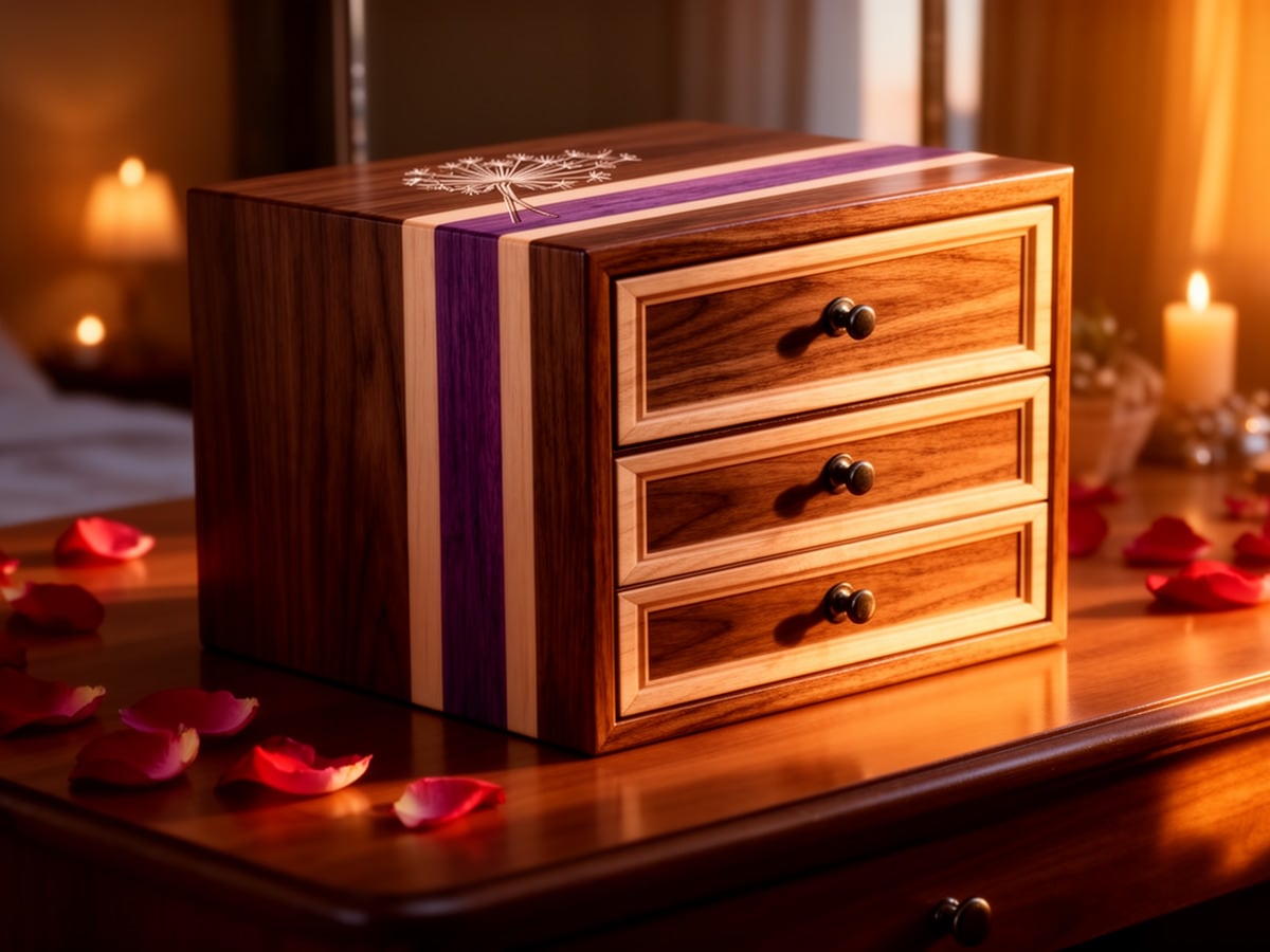 Handmade walnut, cherry and purpleheart jewelry box with three drawers and dandelion inlay, surrounded by rose petals and