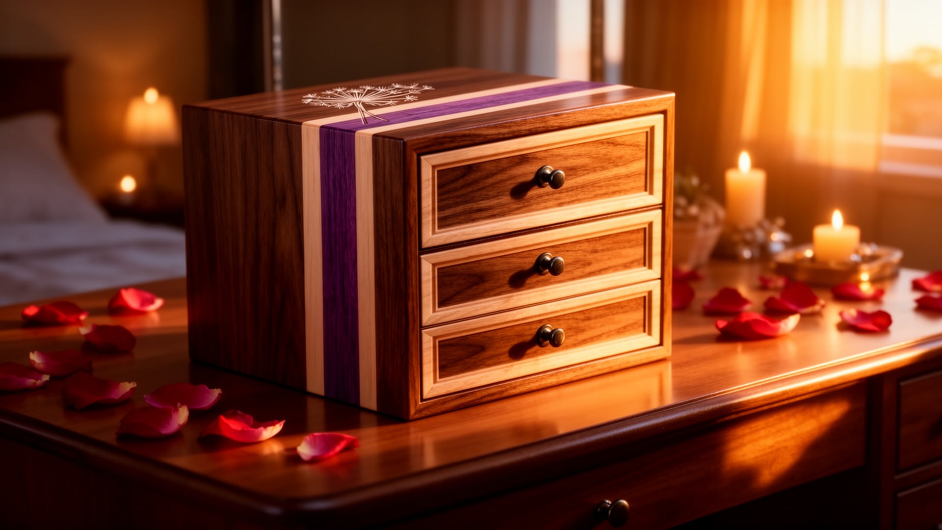Handmade walnut, cherry and purpleheart jewelry box with three drawers and dandelion inlay, surrounded by rose petals and