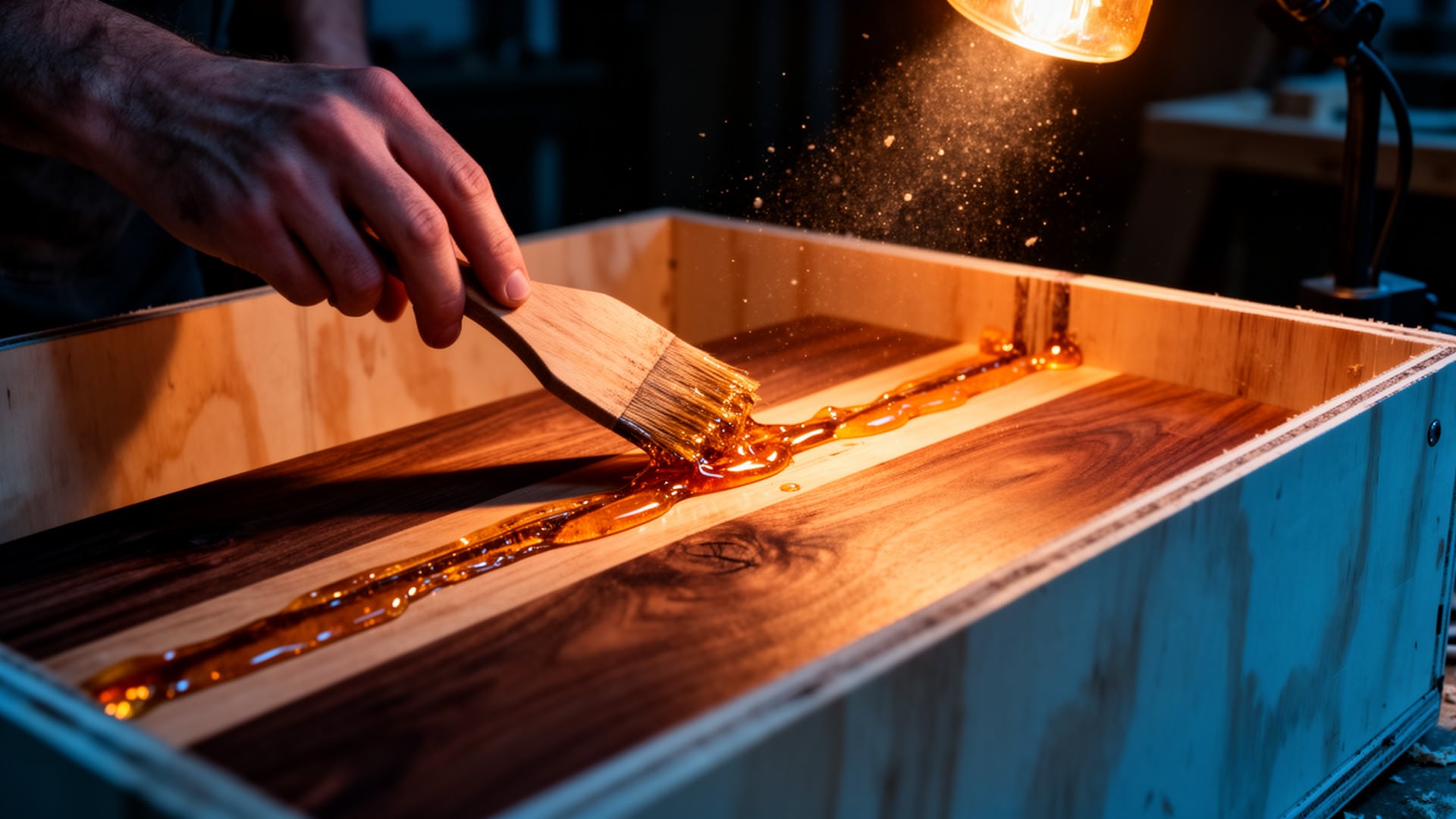 Hand spreading yellow glue on a walnut and maple panel inside a plywood cure box under a heat lamp