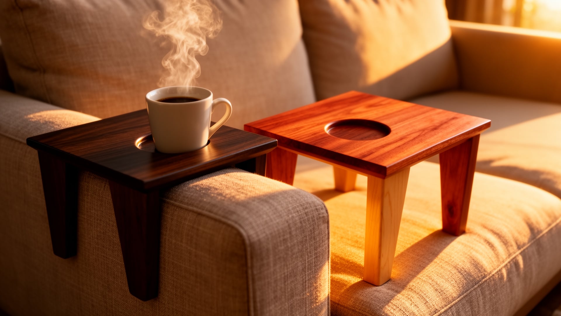 Two wooden couch arm trays with cup holders on a beige sofa, one holding a steaming mug of coffee in warm light.