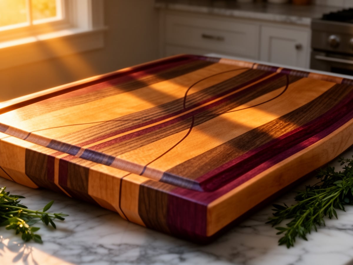 Finished cutting board with curved walnut and purpleheart strips, juice groove, on a marble counter in warm sunlight.