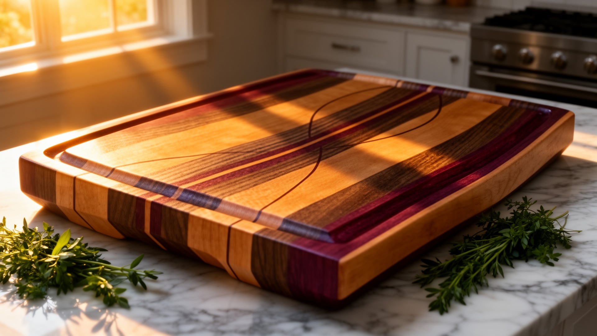 Finished cutting board with curved walnut and purpleheart strips, juice groove, on a marble counter in warm sunlight.