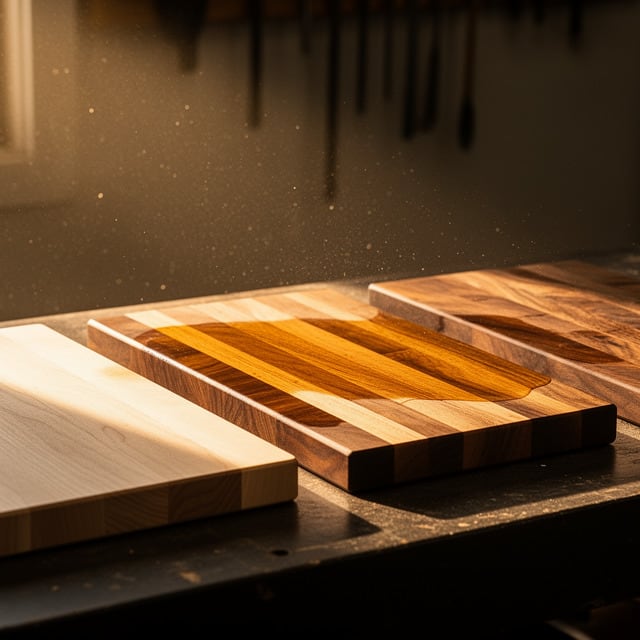 Three cutting boards on a workbench showing different finishes, one being oiled, in warm workshop light