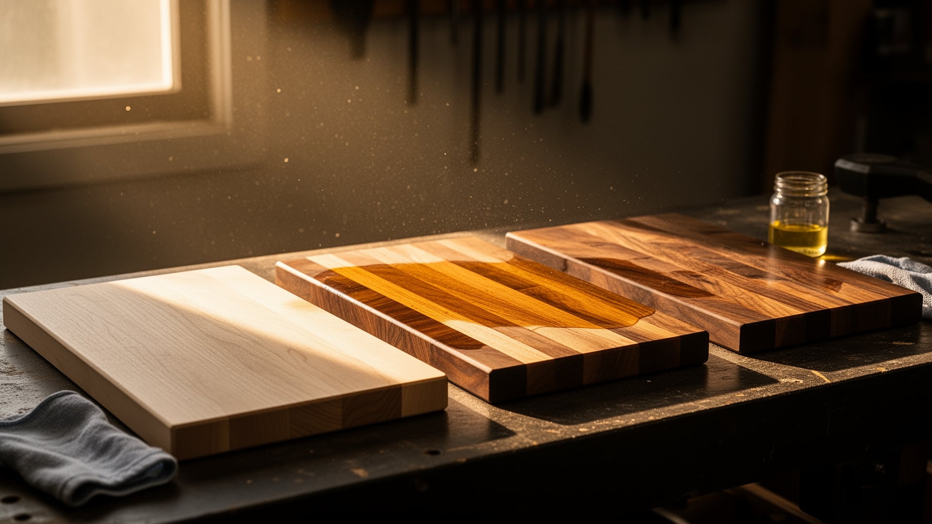 Three cutting boards on a workbench showing different finishes, one being oiled, in warm workshop light