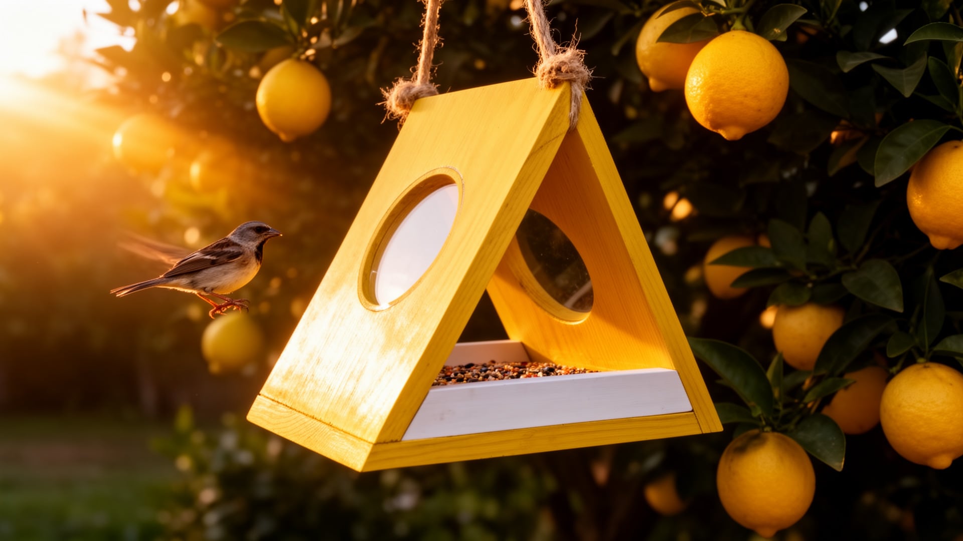 Yellow A-frame DIY bird feeder with round acrylic windows, hanging by rope in a lemon tree as a small bird approaches.