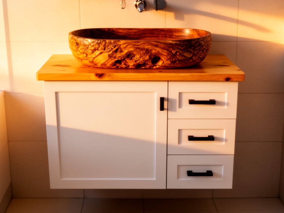 DIY floating bathroom vanity with white plywood cabinet, poplar top, and carved wood vessel sink in a tiled bathroom
