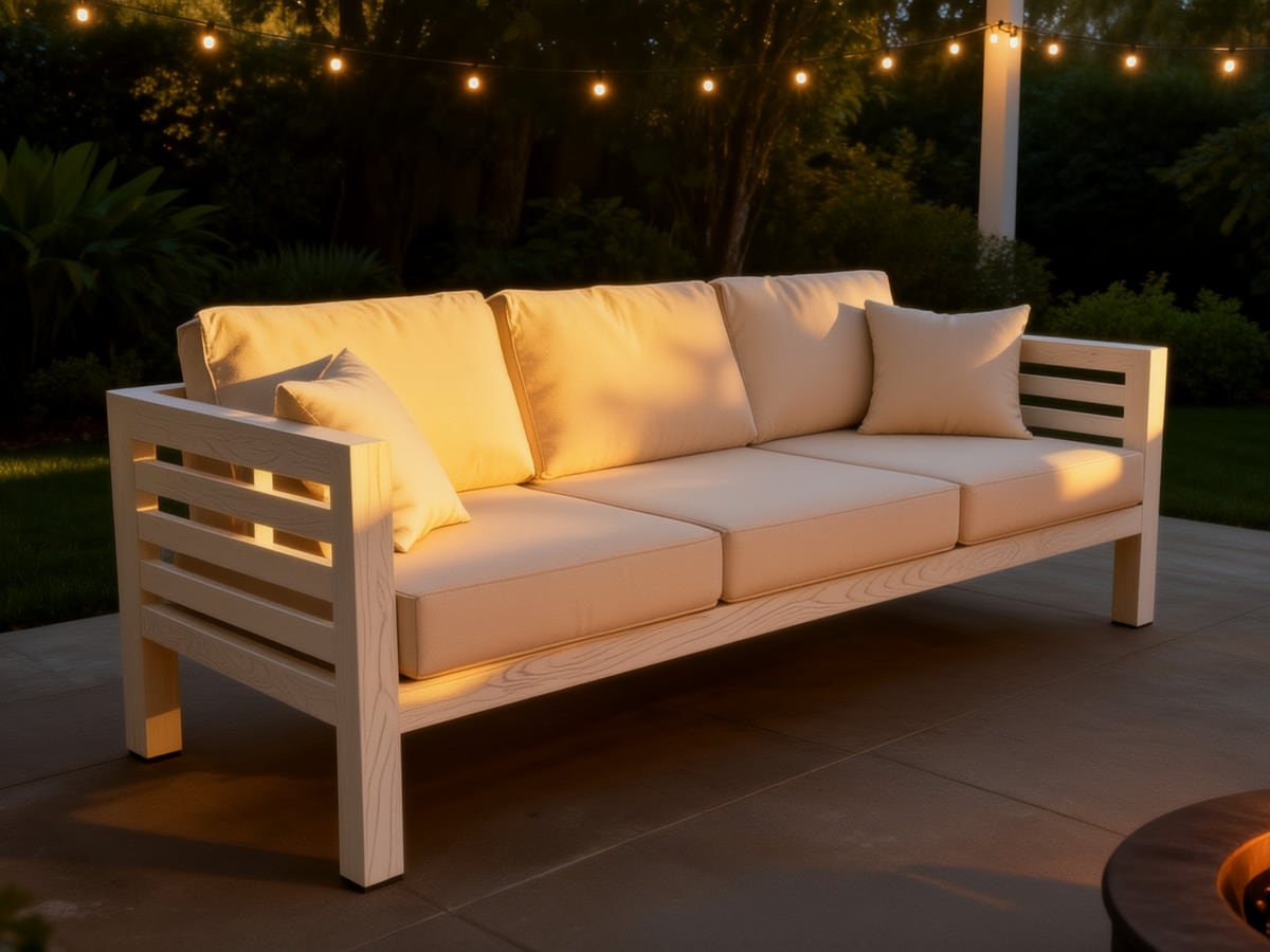 DIY patio couch with slatted wooden frame and cream cushions on a stone patio under string lights at dusk
