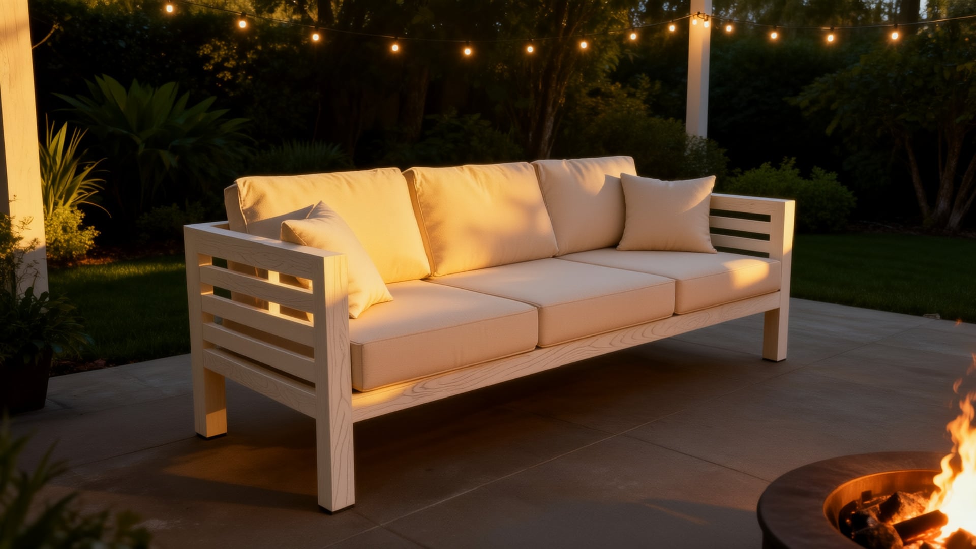 DIY patio couch with slatted wooden frame and cream cushions on a stone patio under string lights at dusk