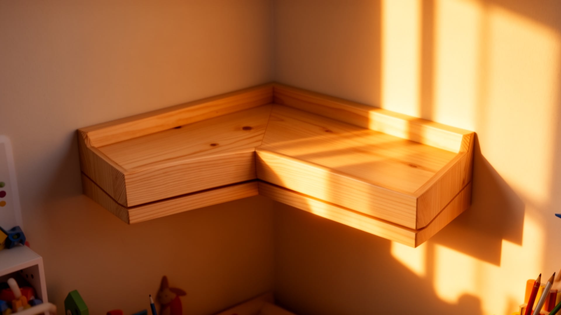 DIY floating corner shelves in warm pine mounted on a beige wall, sunlight casting shadows across the wood grain.