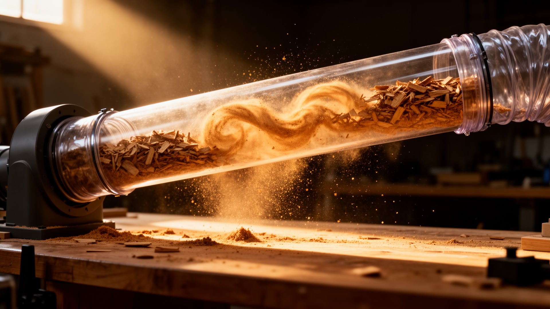Wood chips and dust swirling through a clear 4-inch duct above a sawdust-covered workbench in a workshop