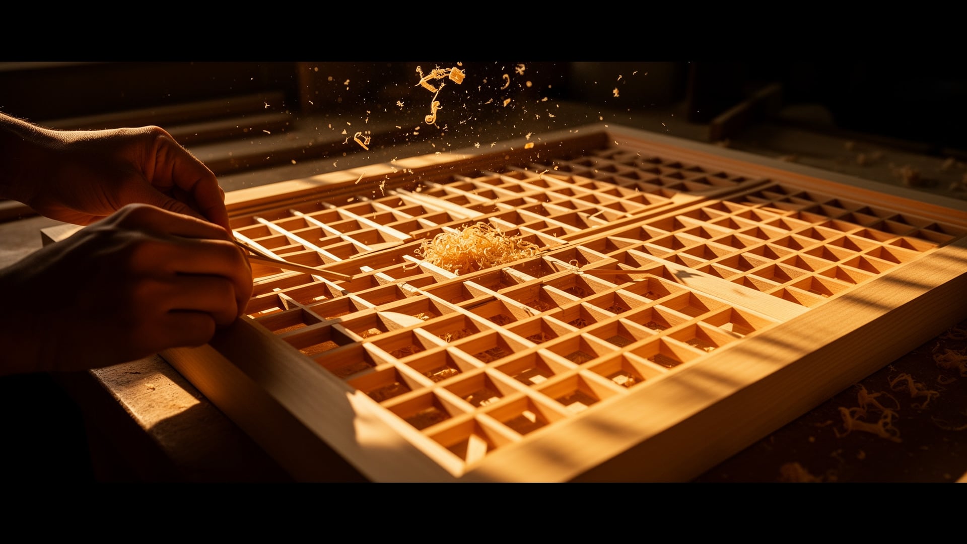 Wood shavings falling onto a kumiko lattice panel in warm light as a woodworker cleans the grid with a brush.