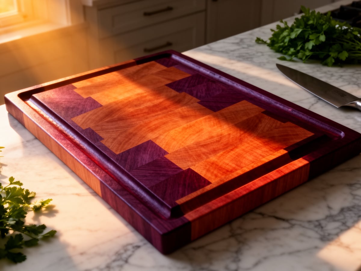 Cherry and purpleheart end grain cutting board with juice groove on a marble counter, from the DIY build project.