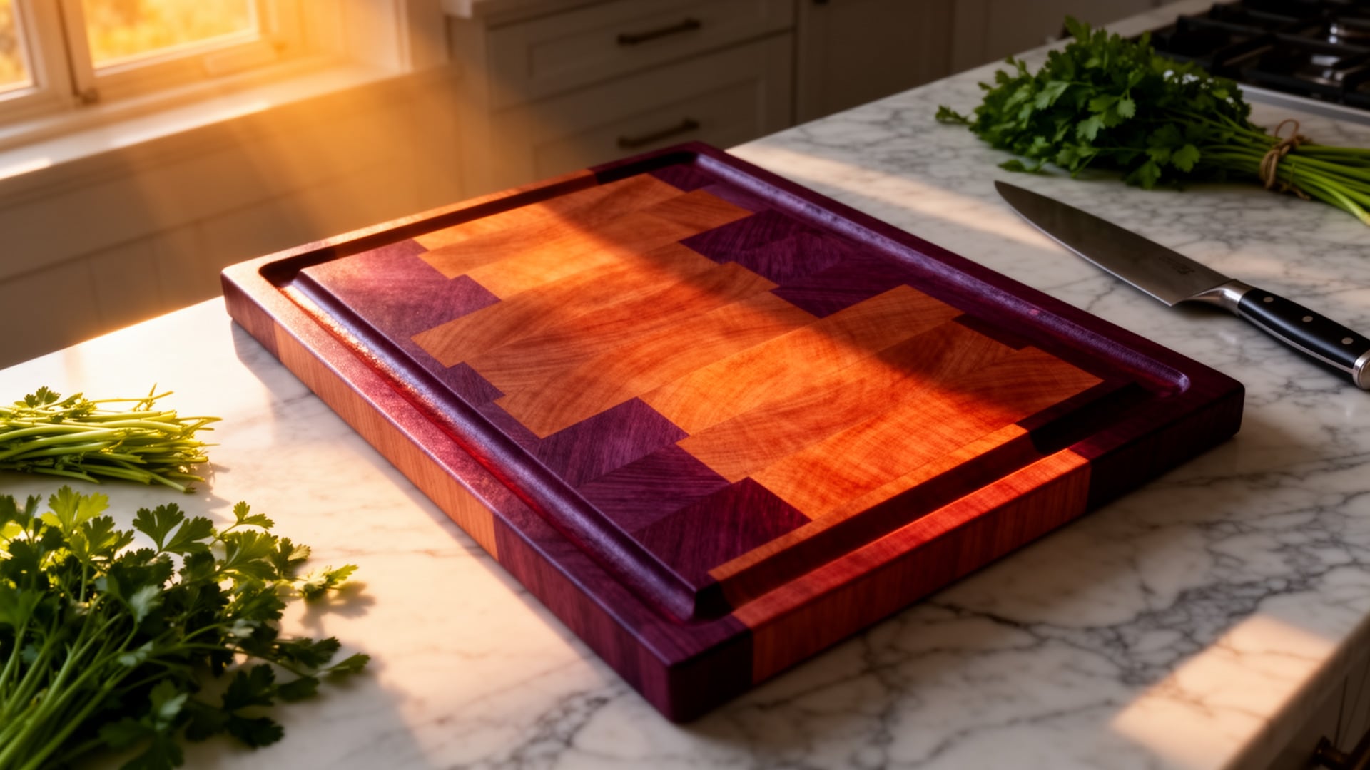 Cherry and purpleheart end grain cutting board with juice groove on a marble counter, from the DIY build project.