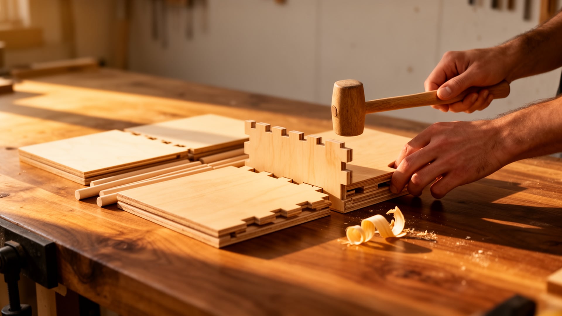 Hands tapping interlocking plywood box joints together with a wooden mallet on a workbench, shavings nearby.