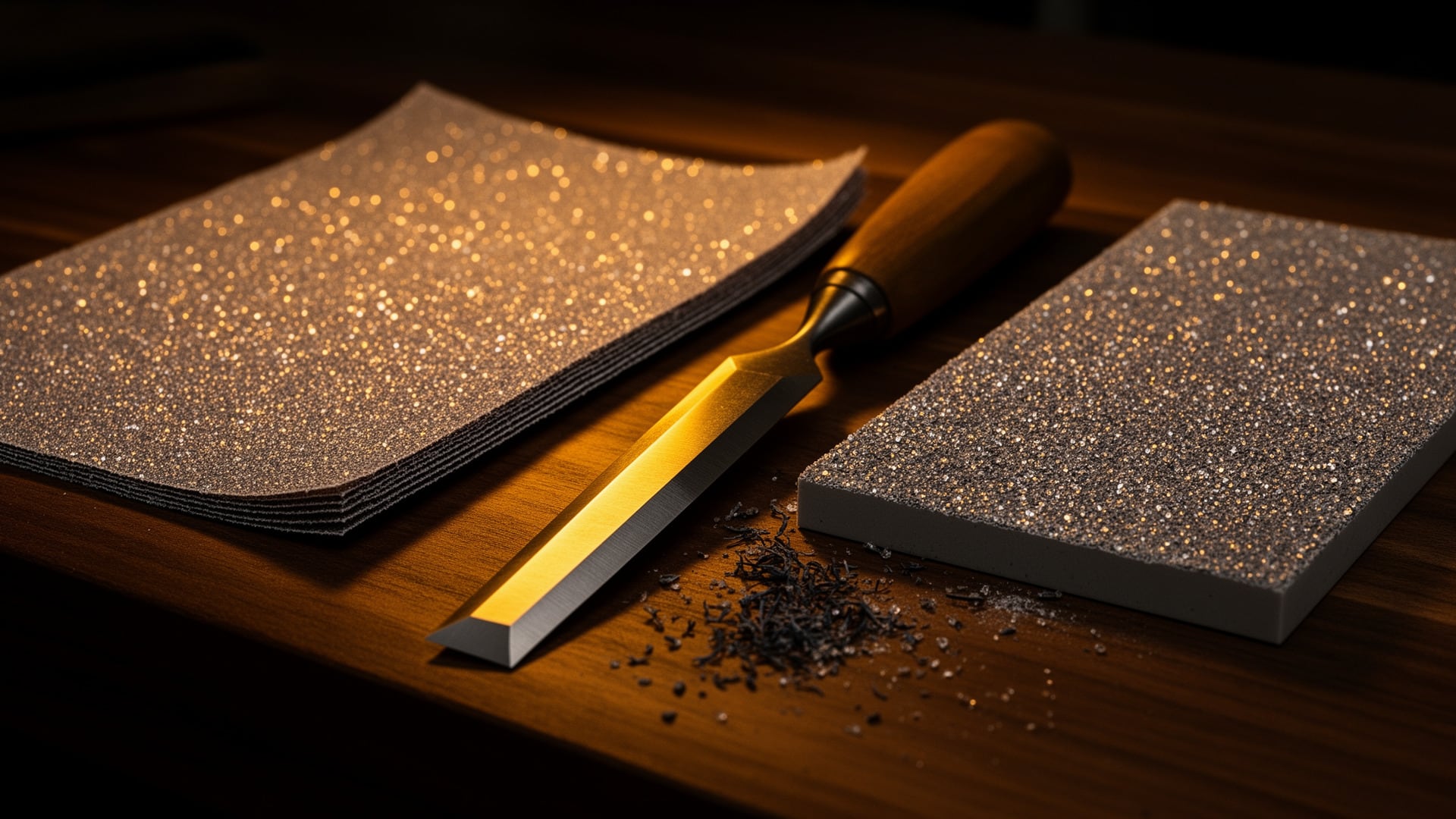 Chisel with wooden handle resting between abrasive sheets and a sharpening plate on a workbench, metal filings scattered