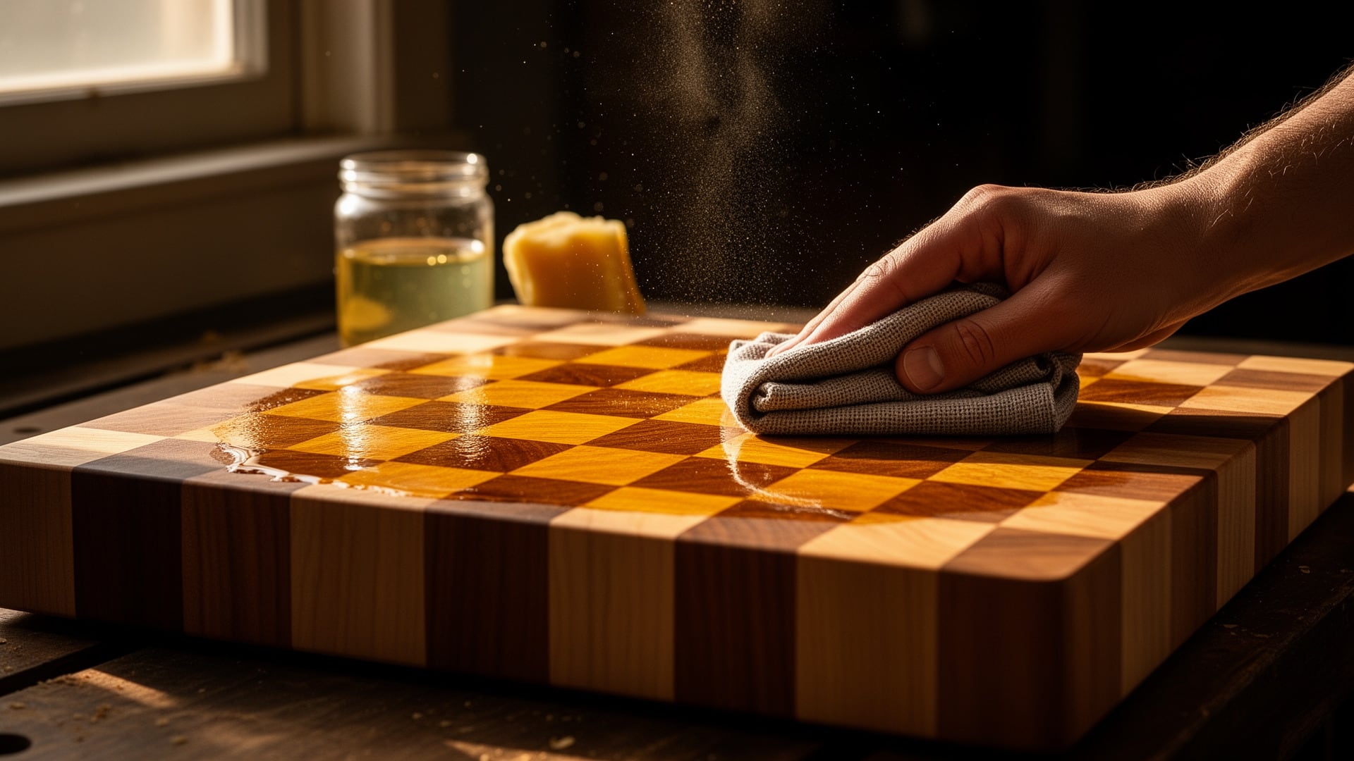 Hand buffing oil into an end-grain checkerboard cutting board, with a jar of finish and beeswax block nearby.