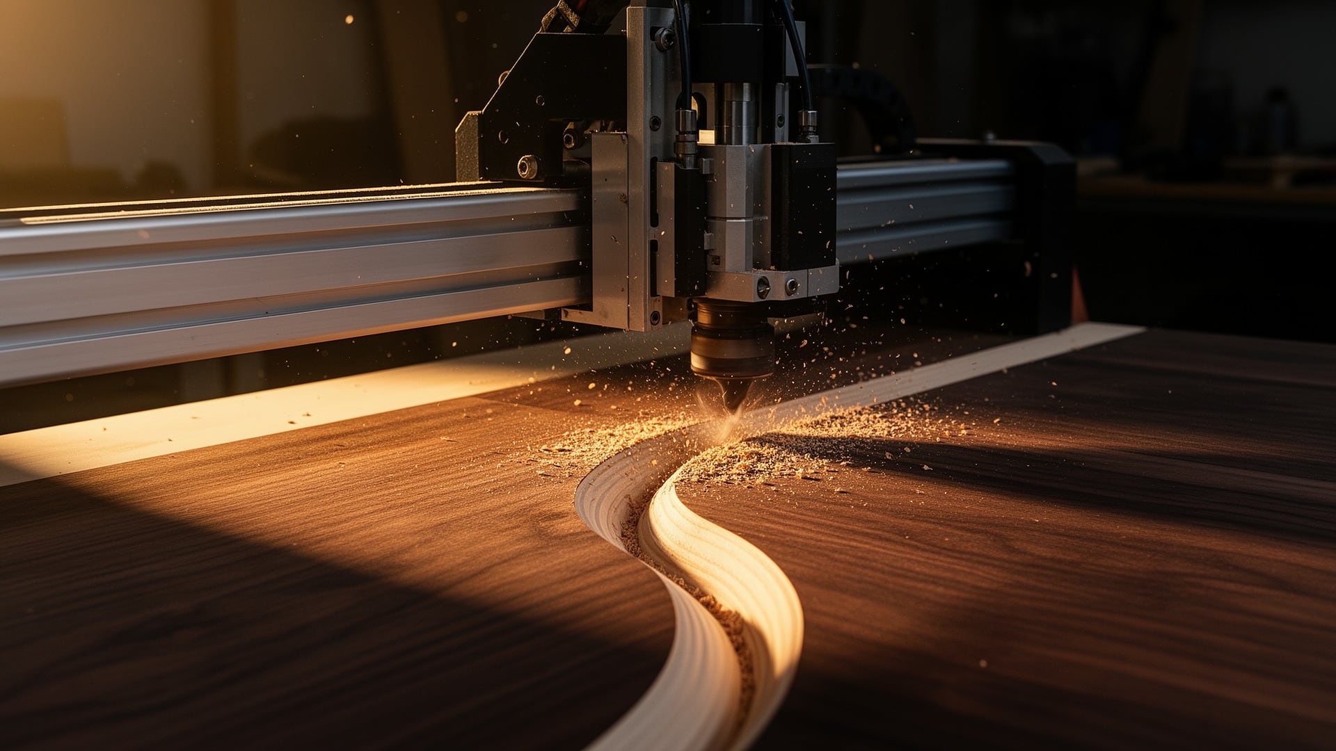 CNC router carving a curving channel through a walnut board, sawdust flying in warm workshop light