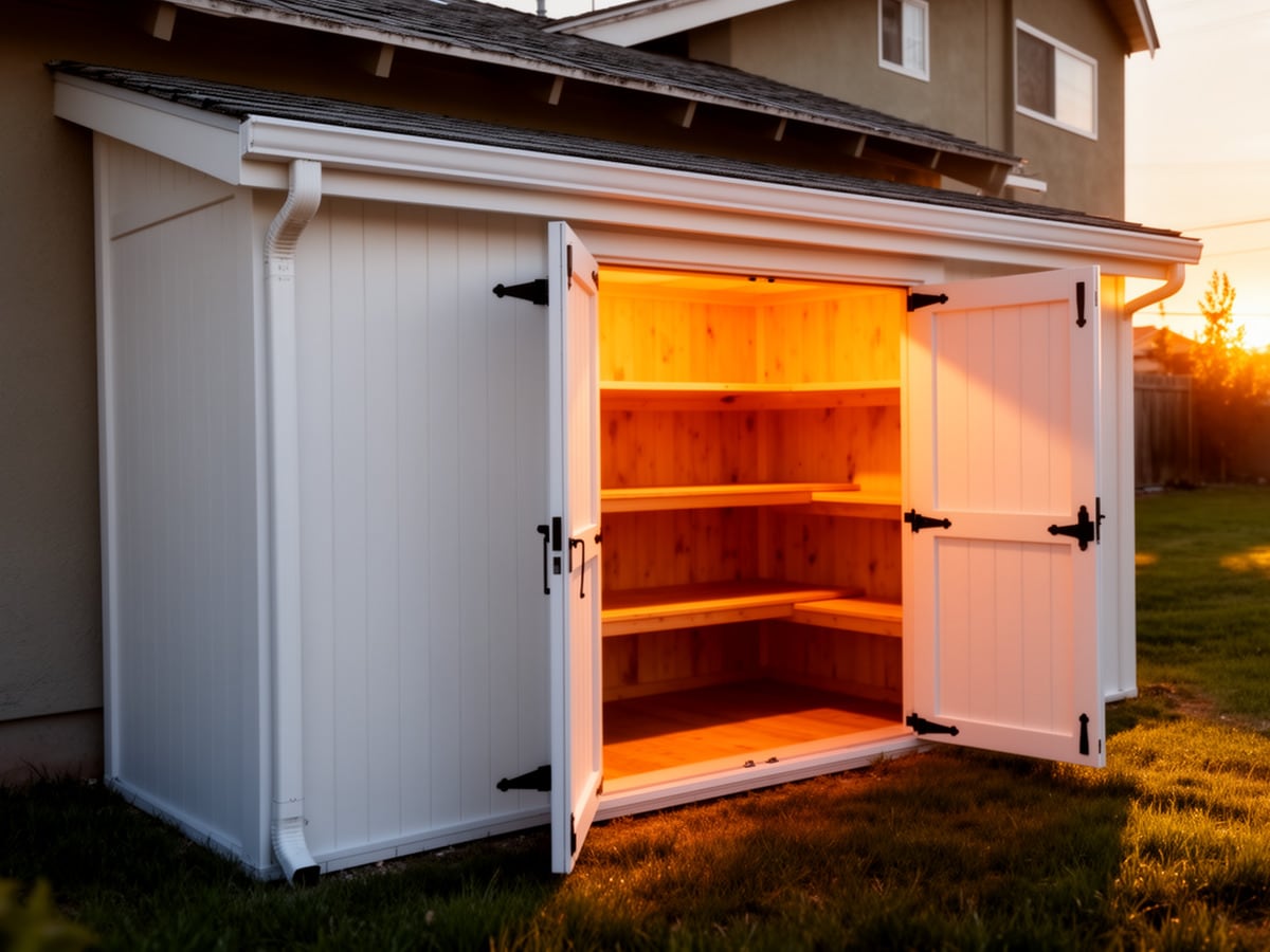 Narrow white lean-to shed with double doors open, revealing wooden shelves inside, at sunset beside a house.