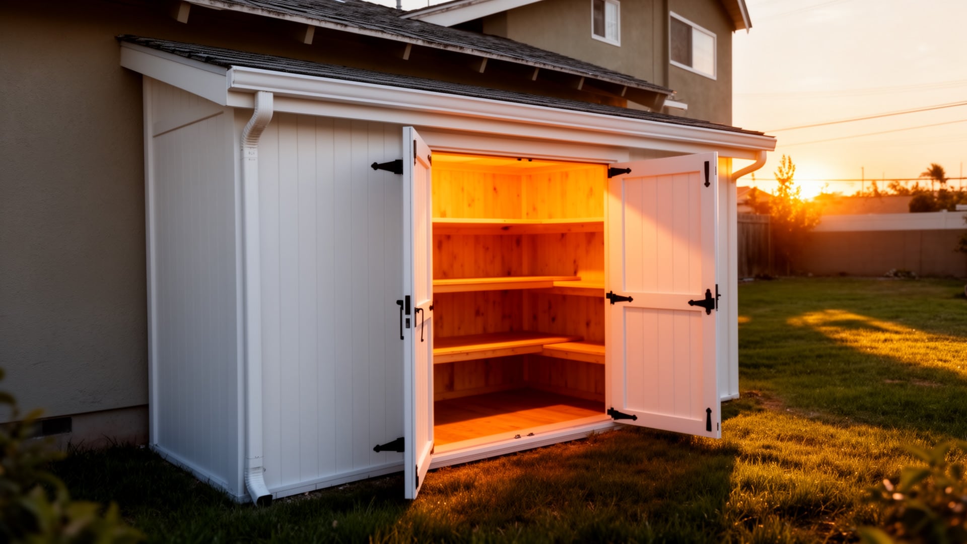 Narrow white lean-to shed with double doors open, revealing wooden shelves inside, at sunset beside a house.
