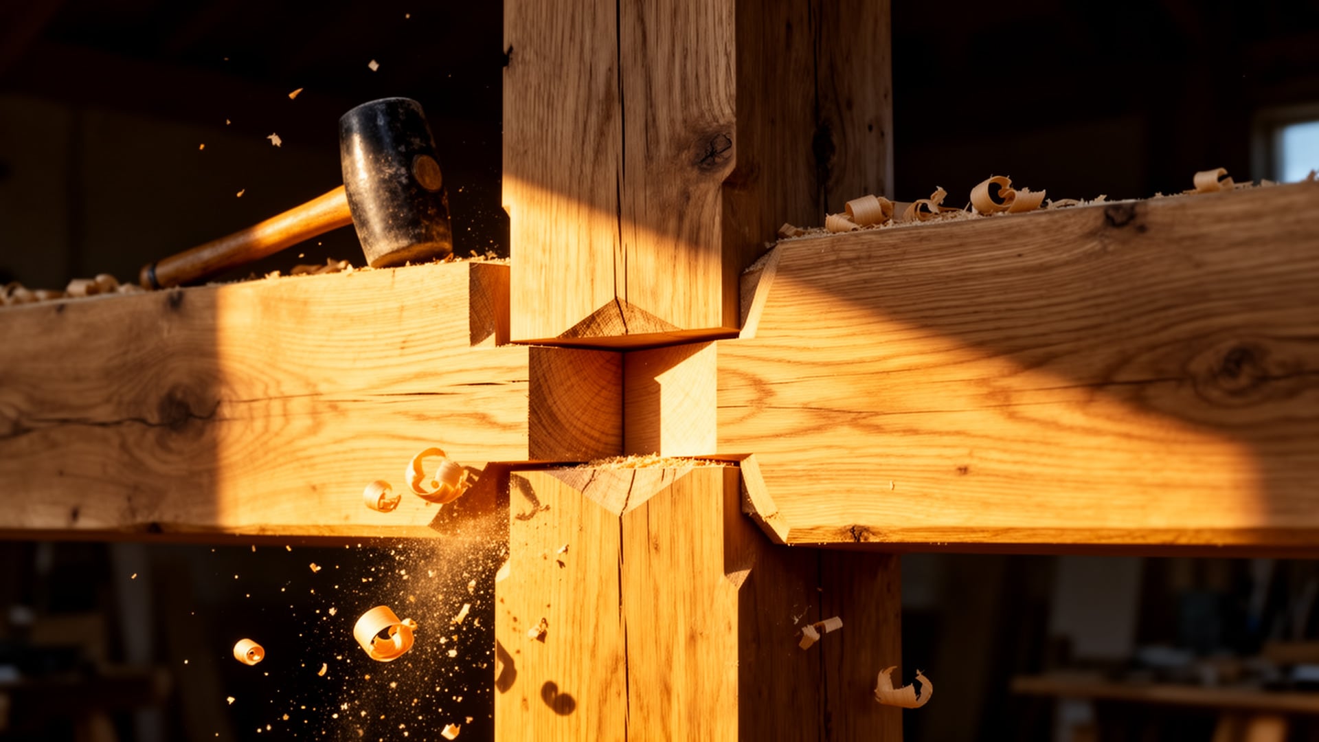 Mallet striking a traditional timber frame mortise and tenon joint, wood shavings flying in warm sunlight