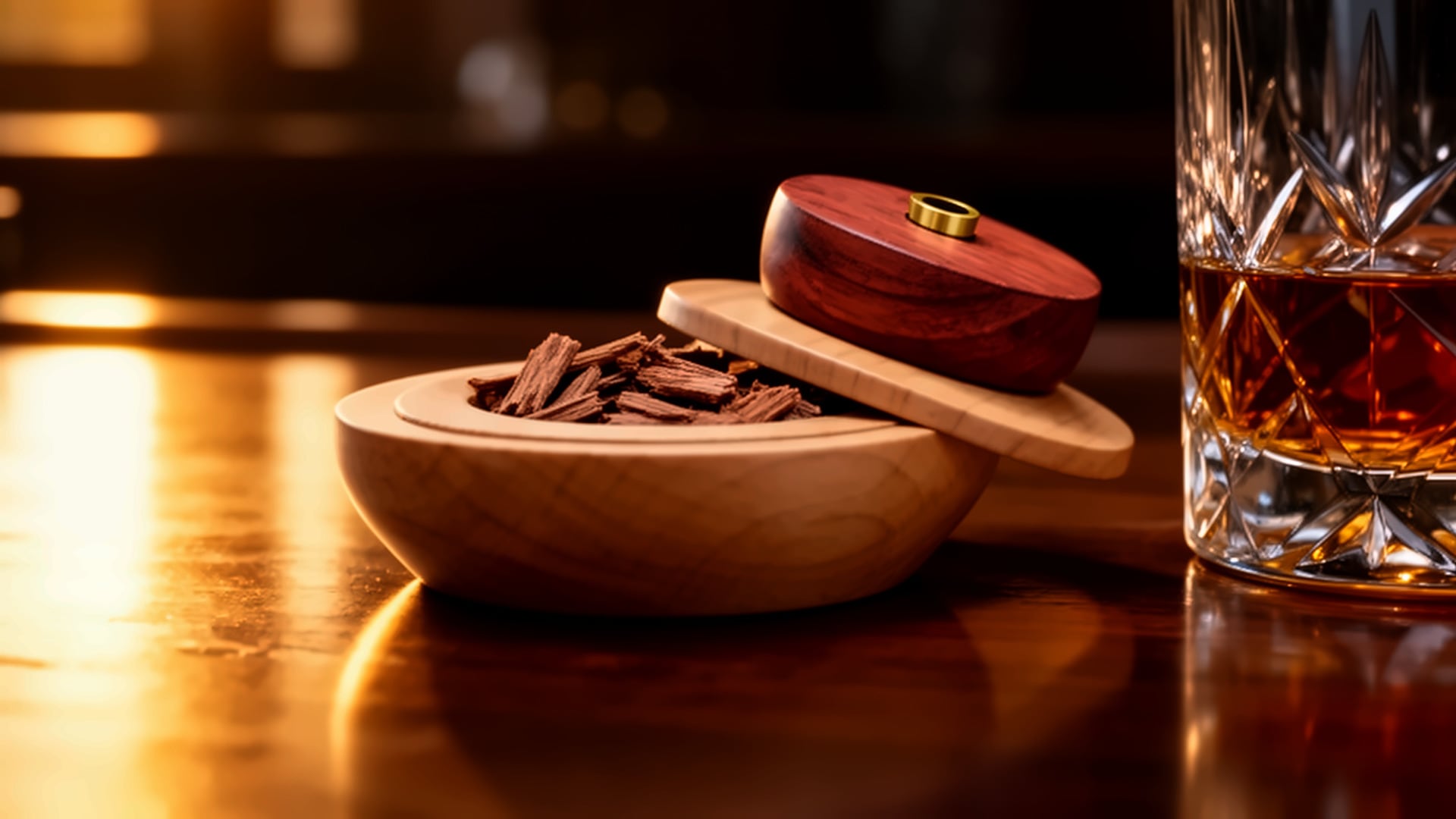 Handmade wooden whiskey smoker with wood chips beside a glass of whiskey, from the whiskey smoker build project.