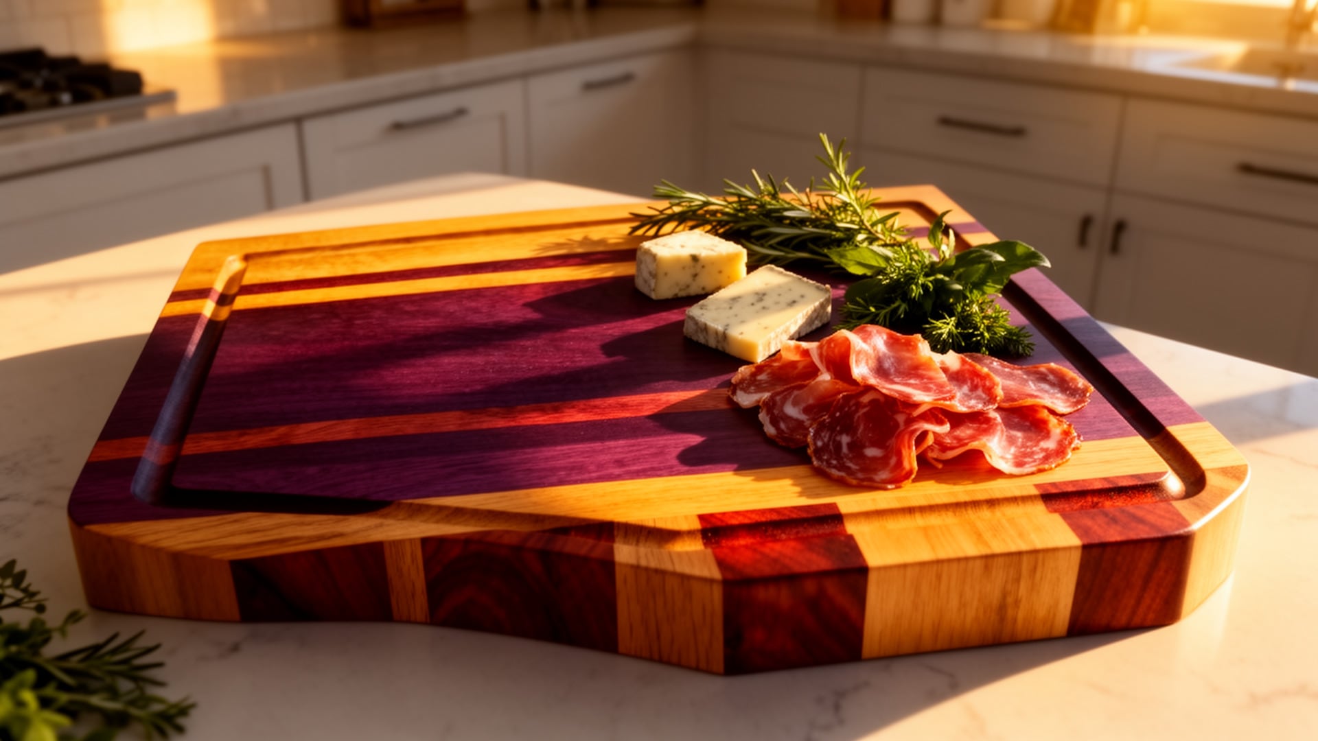 Restored purple heart and maple end grain cutting board styled with salami, cheese, and fresh herbs in a sunlit kitchen.