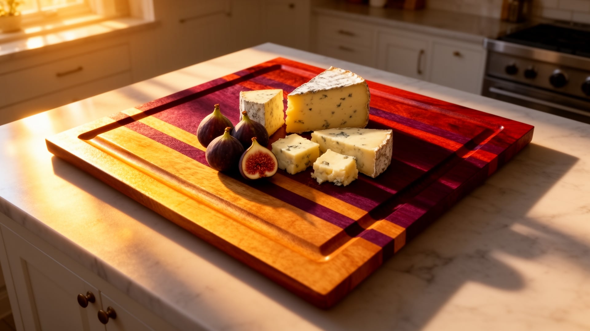 Face grain cutting board in purple heart and maple, styled with blue cheese and fresh figs on a marble counter.