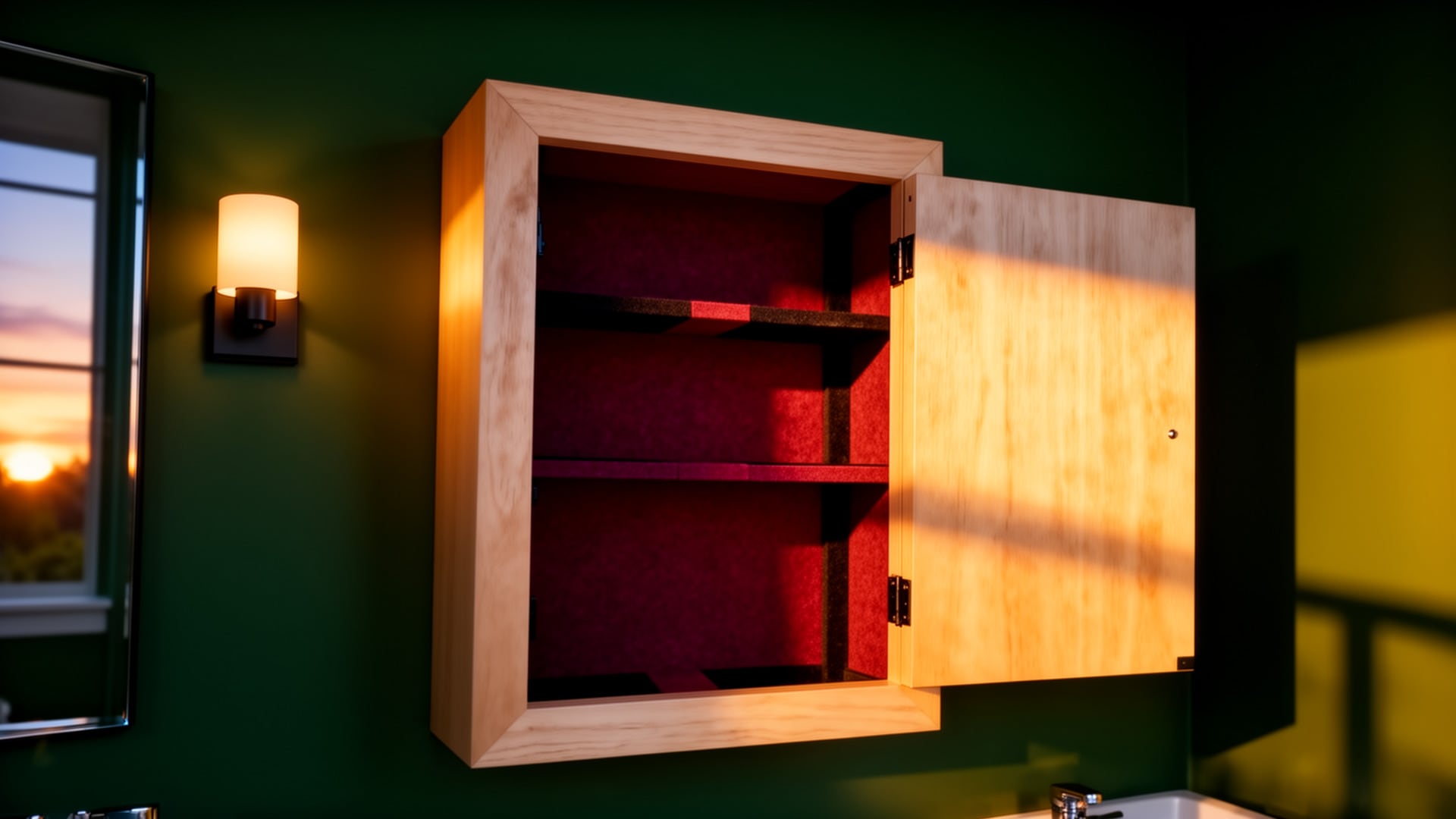 Wooden medicine box with open door revealing red felt-lined shelves, mounted on a green wall above a sink.