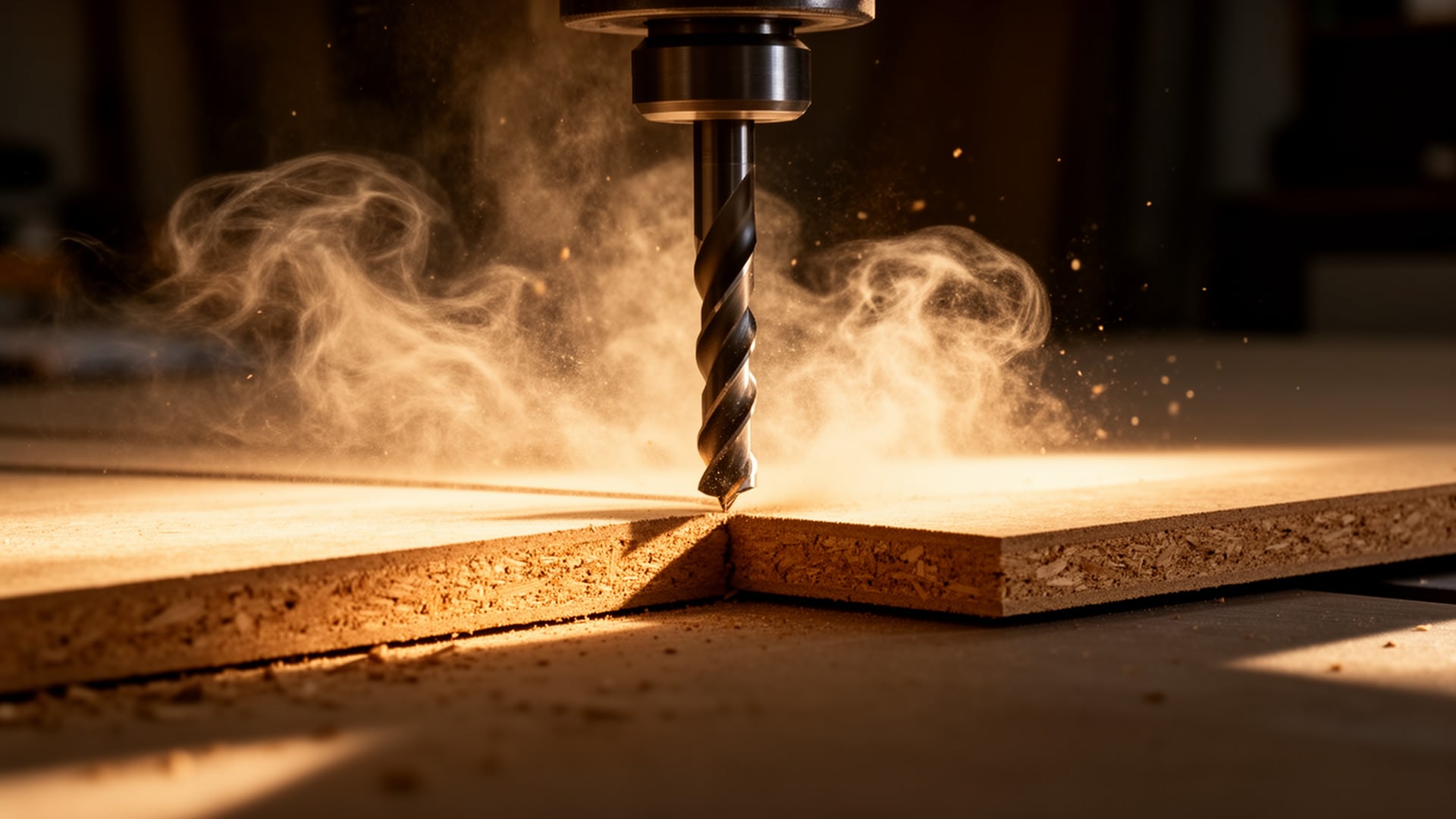 Drill bit boring into an MDF panel, kicking up a cloud of fine dust in a warm-lit workshop.
