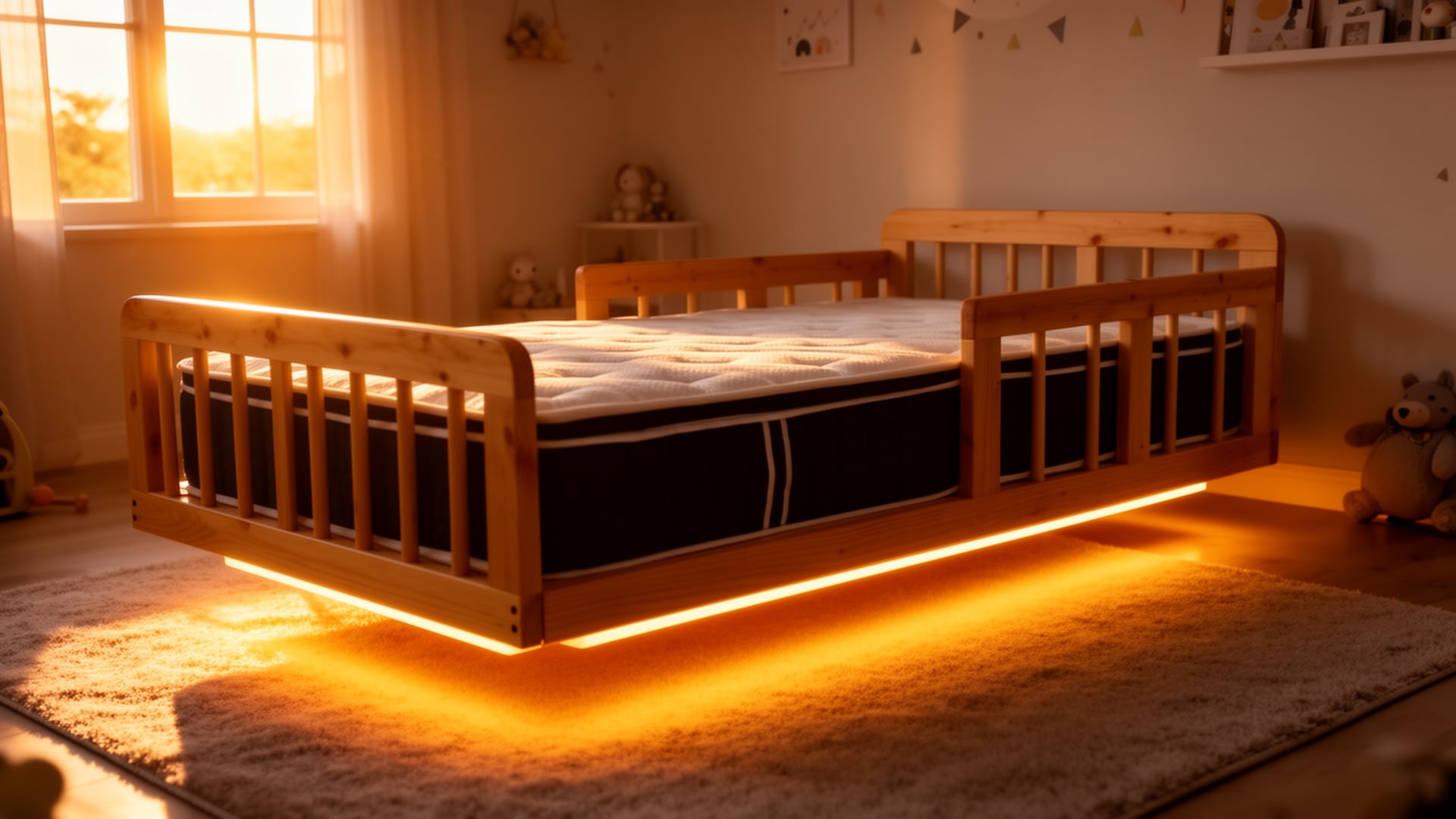 Montessori twin size DIY floating bed frame with warm LED glow beneath, pine rails and mattress in a cozy kids room