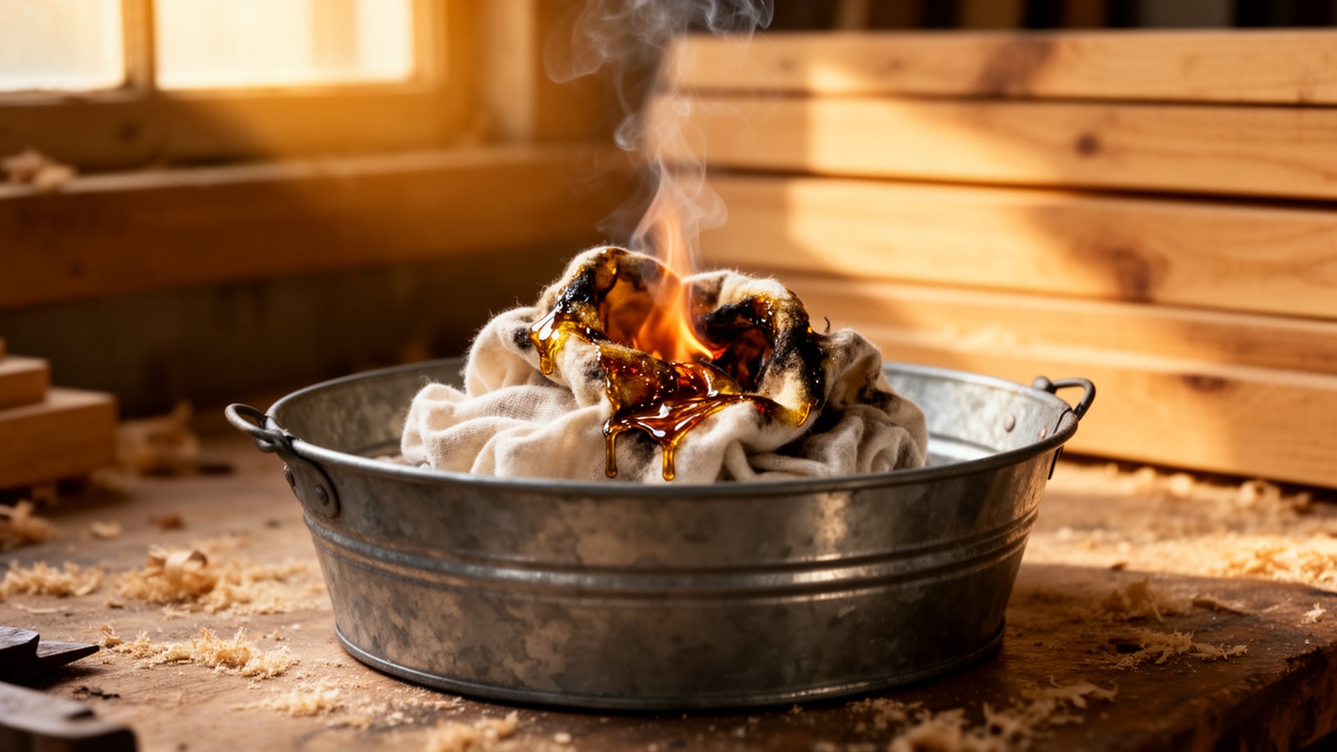 Oily finishing rag smoldering and bursting into flame inside a galvanized metal tub in a sawdust-covered workshop