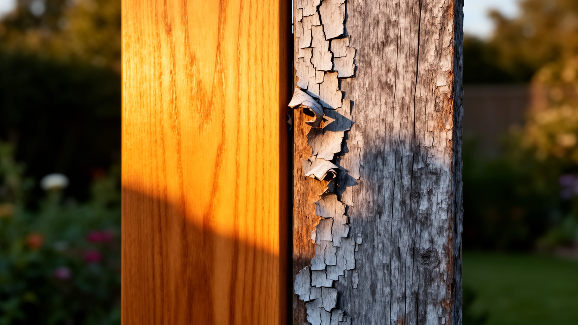 Freshly oiled cedar board beside a weathered post with peeling gray finish, outdoors at sunset.