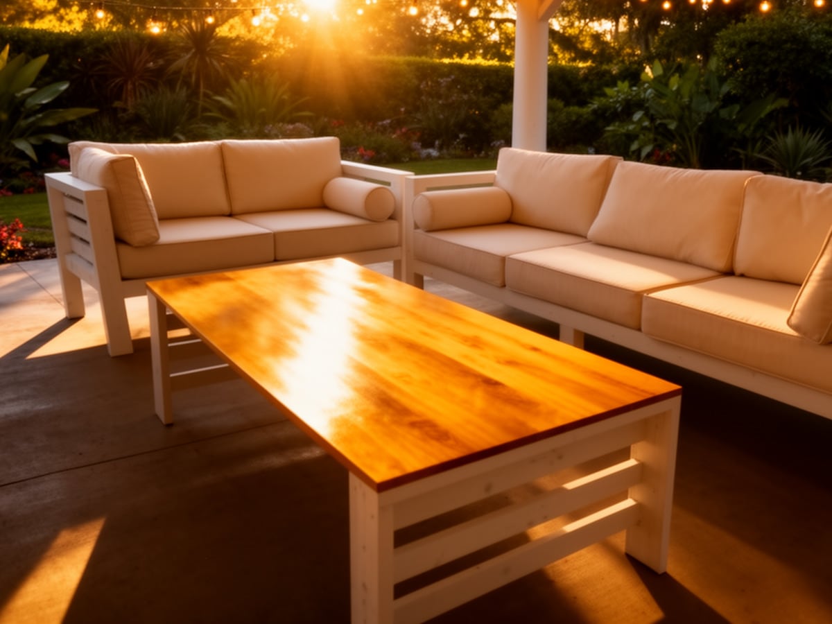 Modern outdoor patio set from the Patio/Coffee/Table Build project, with a warm wooden coffee table and cream cushioned