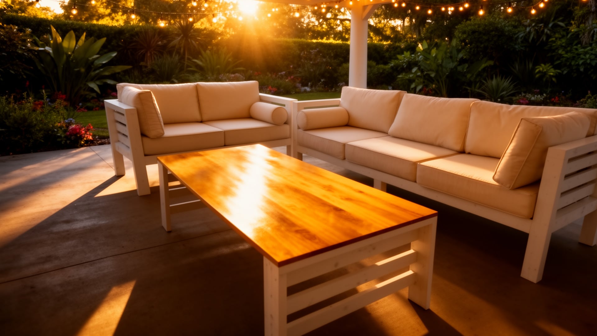 Modern outdoor patio set from the Patio/Coffee/Table Build project, with a warm wooden coffee table and cream cushioned