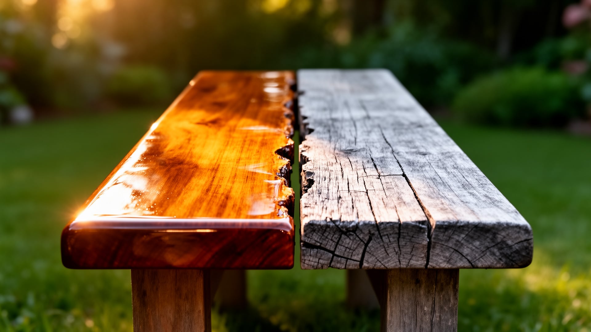 Split outdoor bench: glossy amber film finish on one half, weathered gray cracked wood on the other, in a sunlit yard.
