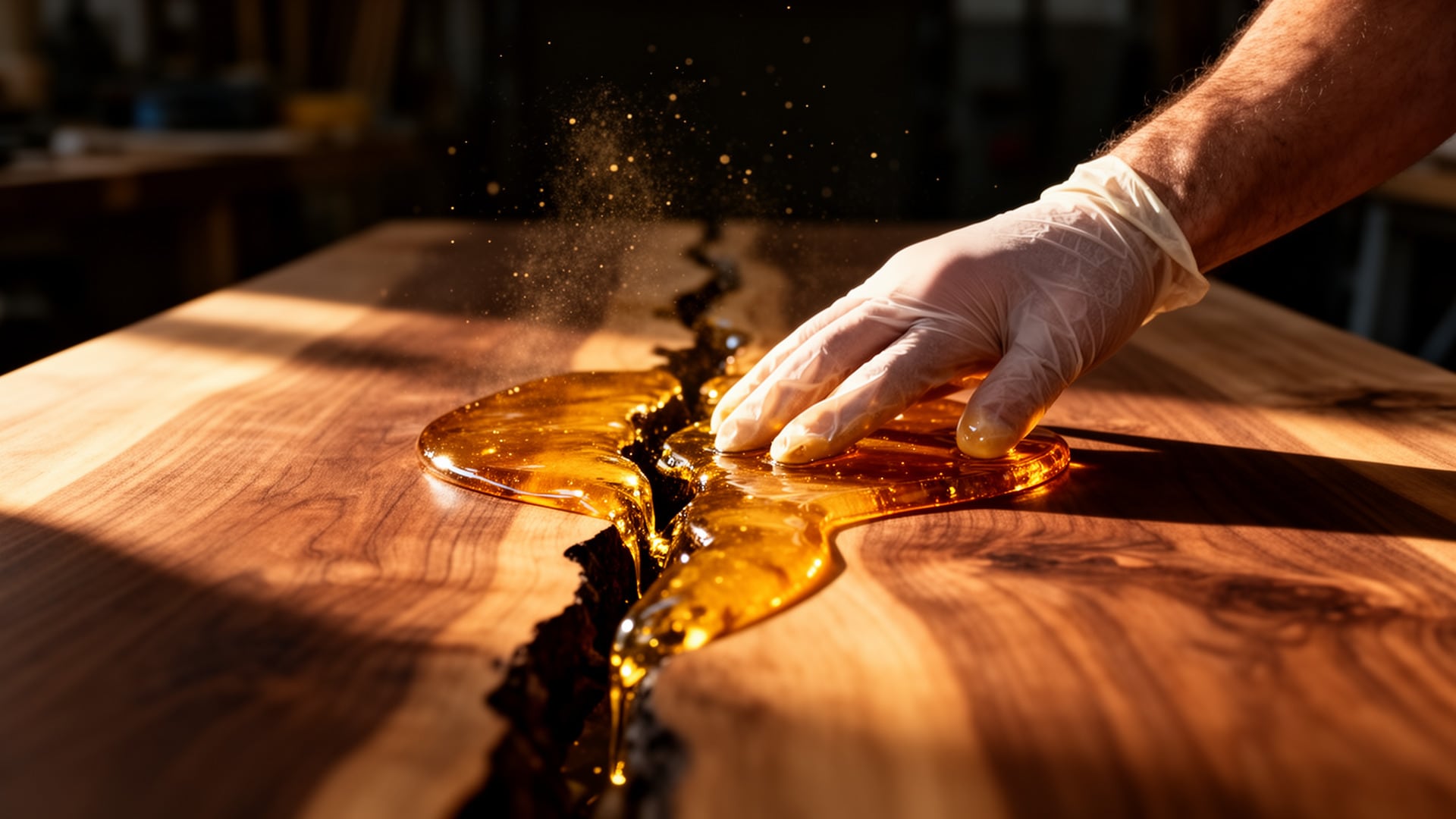 Gloved hand spreading amber bio-based epoxy into a crack in a walnut slab in a workshop.