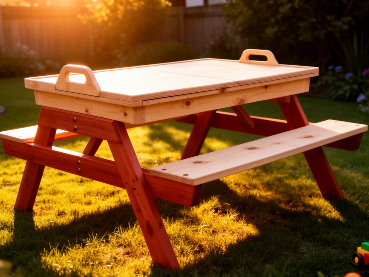 Sandbox bench build: wooden picnic-style table with lift-off lid handles and red-stained legs on a sunny lawn