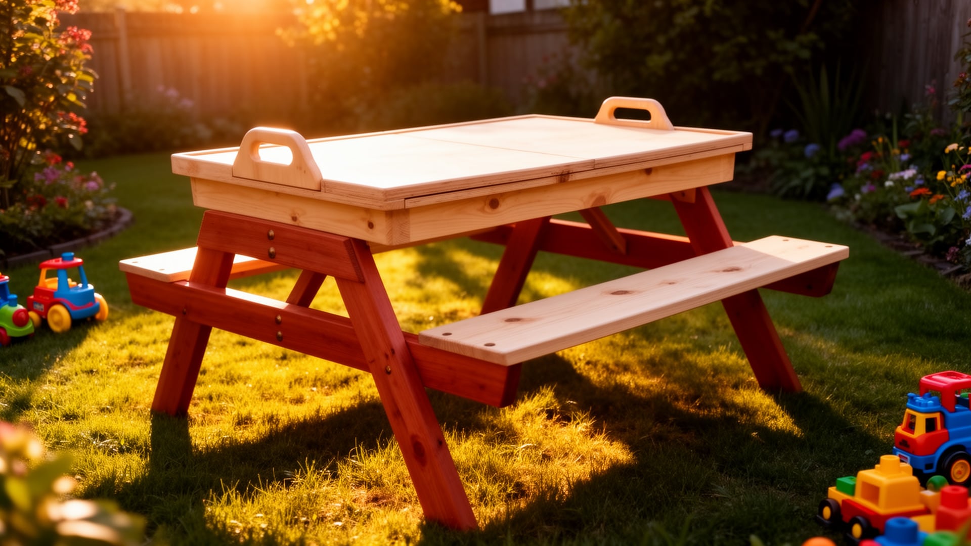 Sandbox bench build: wooden picnic-style table with lift-off lid handles and red-stained legs on a sunny lawn