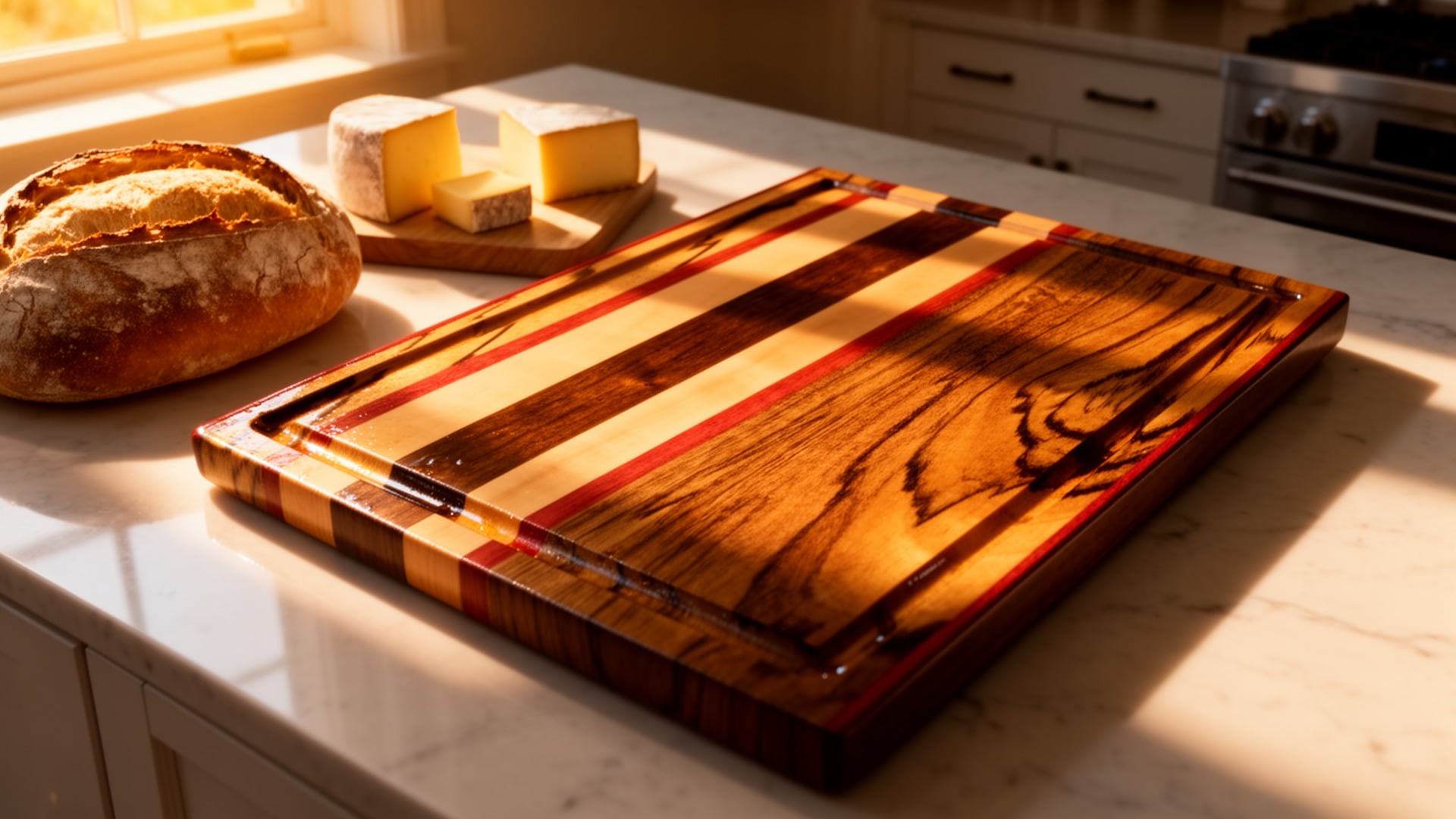 Finished face grain cutting board with striped hardwoods and juice grooves on a marble counter, from the step-by-step build.