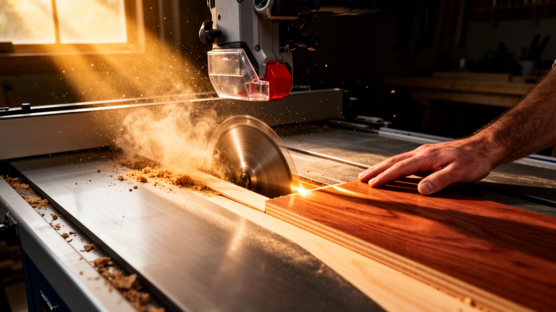 Hand guiding a hardwood board past a spinning table saw blade as sawdust sprays in a dim workshop.